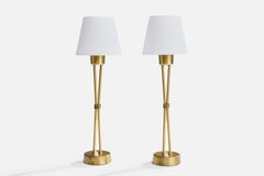 Swedish Designer, Table Lamps, Brass, Fabric, Sweden, 1950s