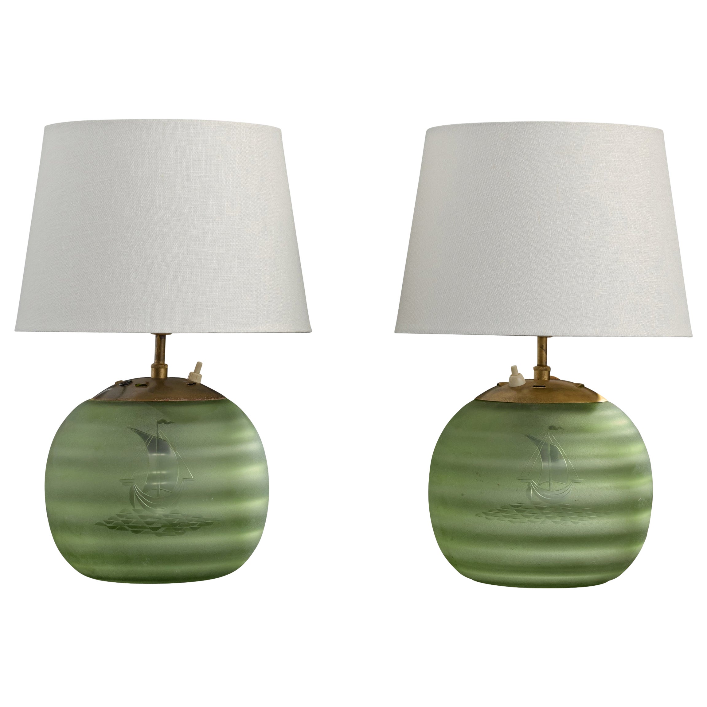 Swedish Designer, Table Lamps, Brass, Glass, Sweden, 1930s