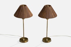 Swedish Designer, Table Lamps, Brass, Rattan, Sweden, 1950s