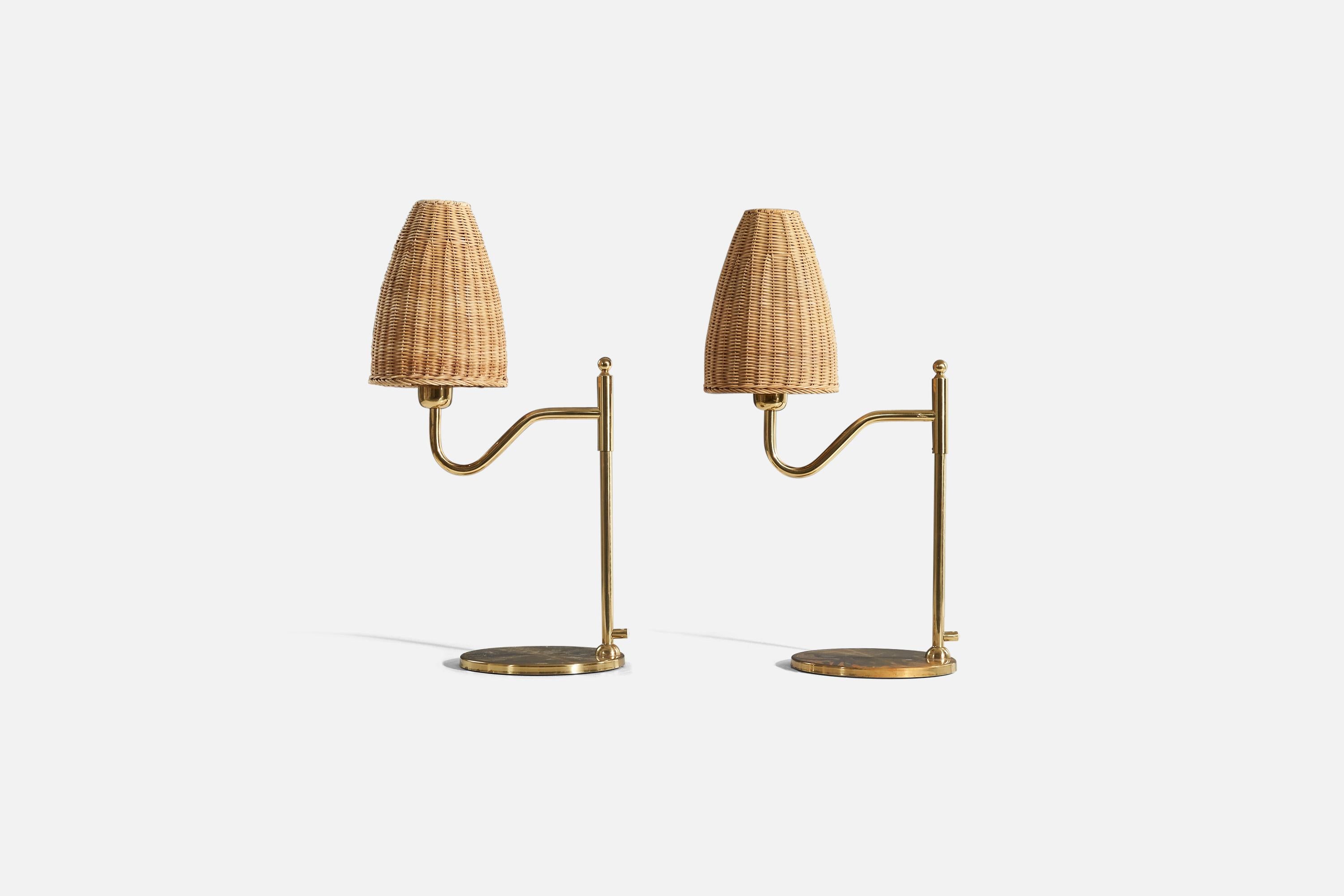Modern Swedish Designer, Table Lamps, Brass, Rattan, Sweden, 1970s