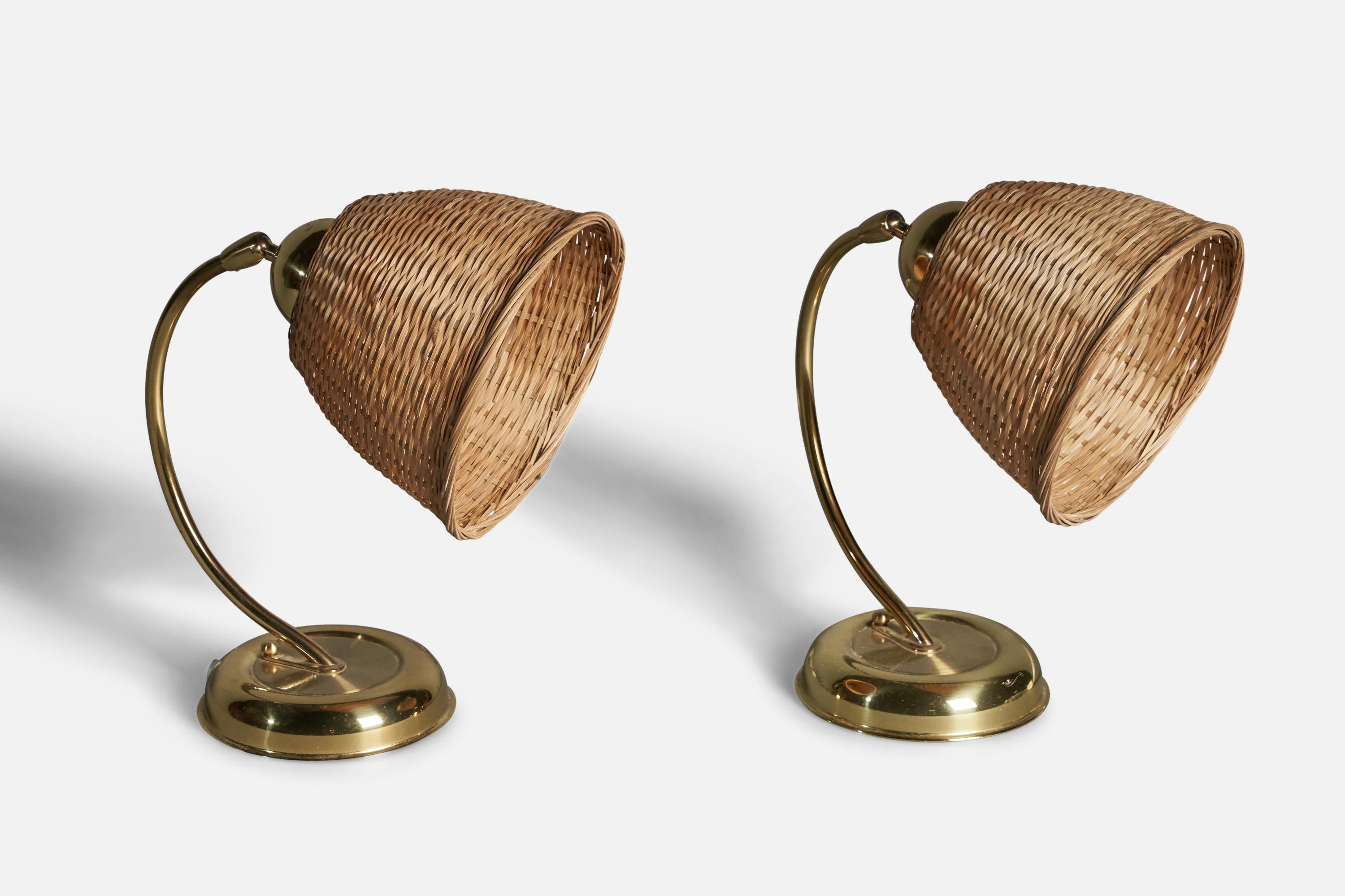 Mid-Century Modern Swedish Designer, Table Lamps, Brass, Rattan, Sweden, 1970s For Sale