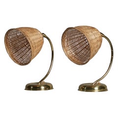 Swedish Designer, Table Lamps, Brass, Rattan, Sweden, 1970s