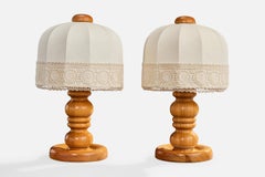Swedish Designer, Table Lamps, Pine, Fabric, Sweden, 1970s