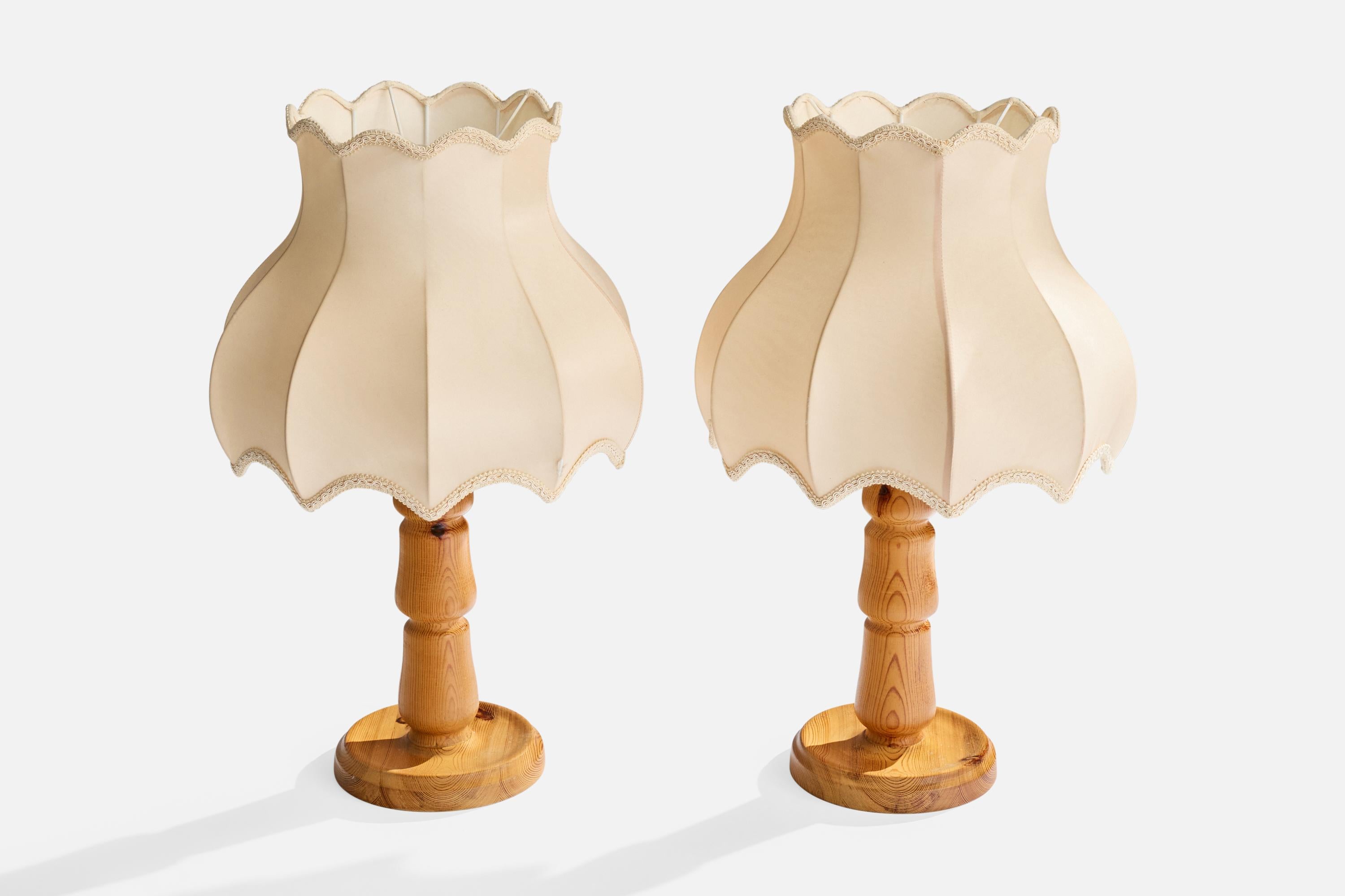 Mid-Century Modern Swedish Designer, Table Lamps, Pine, Fabric, Sweden, 1970s For Sale