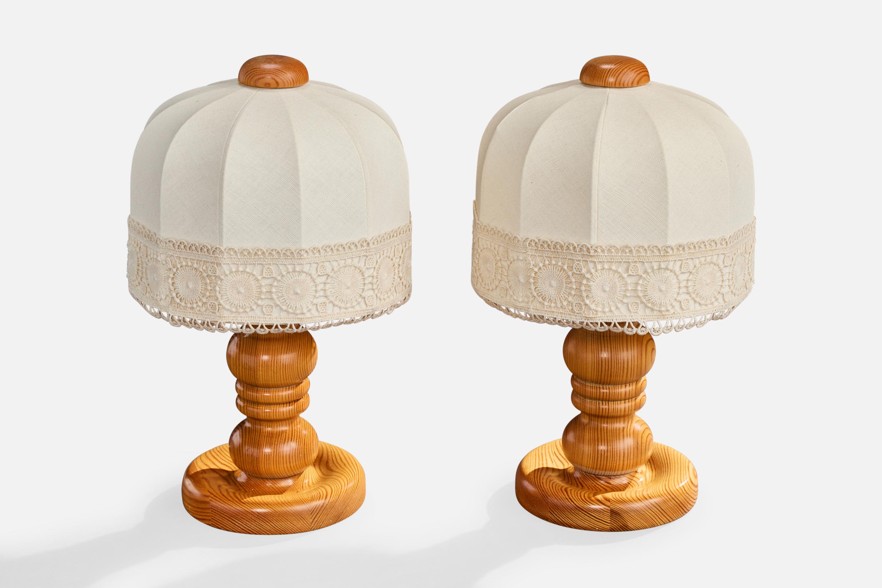 Mid-Century Modern Swedish Designer, Table Lamps, Pine, Fabric, Sweden, 1970s For Sale