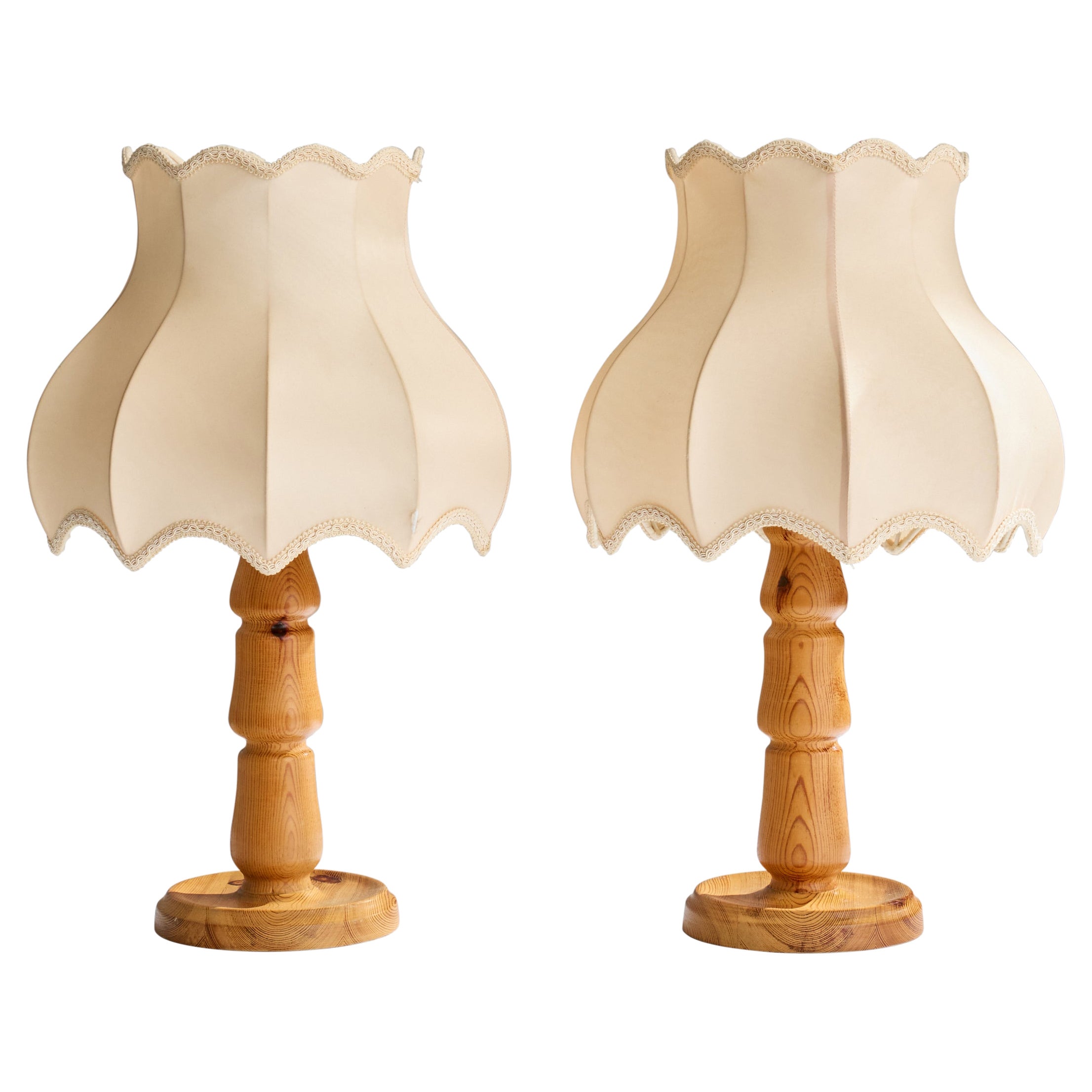 Swedish Designer, Table Lamps, Pine, Fabric, Sweden, 1970s For Sale