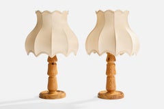 Swedish Designer, Table Lamps, Pine, Fabric, Sweden, 1970s