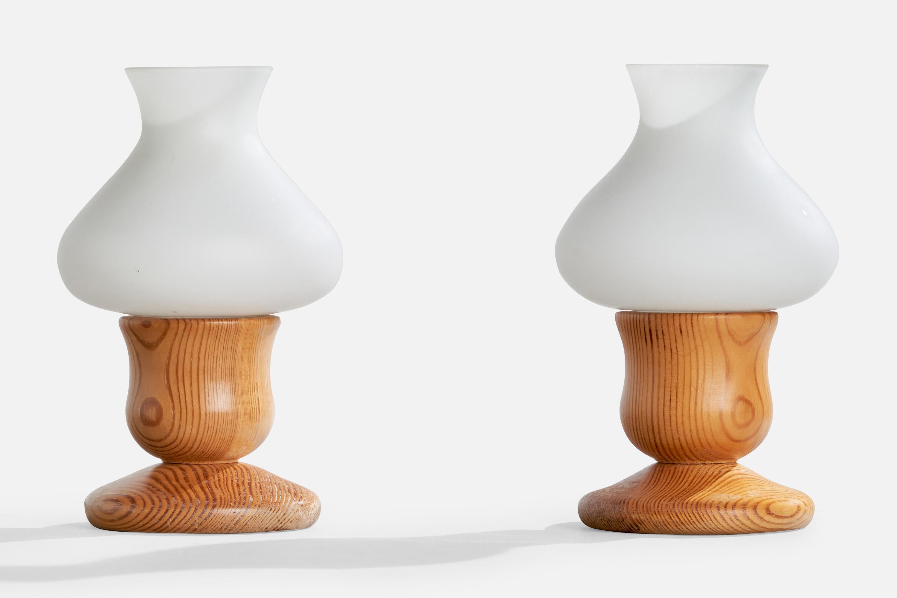 Coppia di lampade da tavolo in pino e vetro opalino bianco progettate e prodotte in Svezia, anni '70 circa.

Dimensioni della lampada con paralume (pollici): 7,5