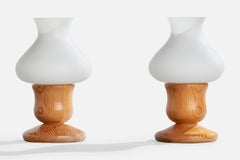 Swedish Designer, Table Lamps, Pine, Glass, Sweden, 1970s