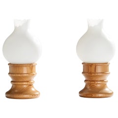 Swedish Designer, Table Lamps, Pine, Glass, Sweden, 1970s