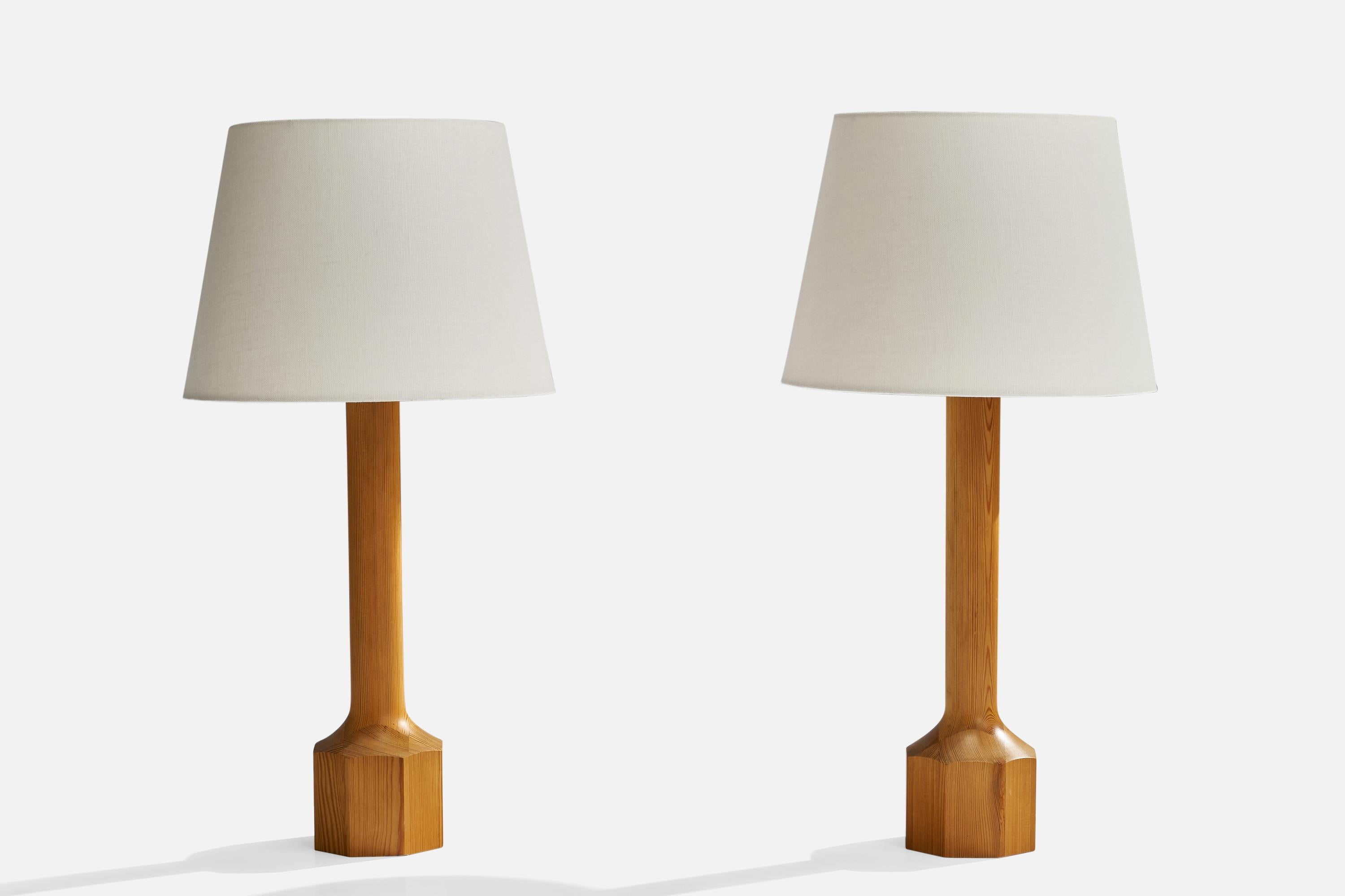 A pair of pine table lamps designed and produced in Sweden, 1970s.

Dimensions of Lamp (inches): 18.5” H x 4.25” Diameter
Dimensions of Shade (inches): 9” Top Diameter x 12” Bottom Diameter x 9” H
Dimensions of Lamp with Shade (inches): 23.75” H x
