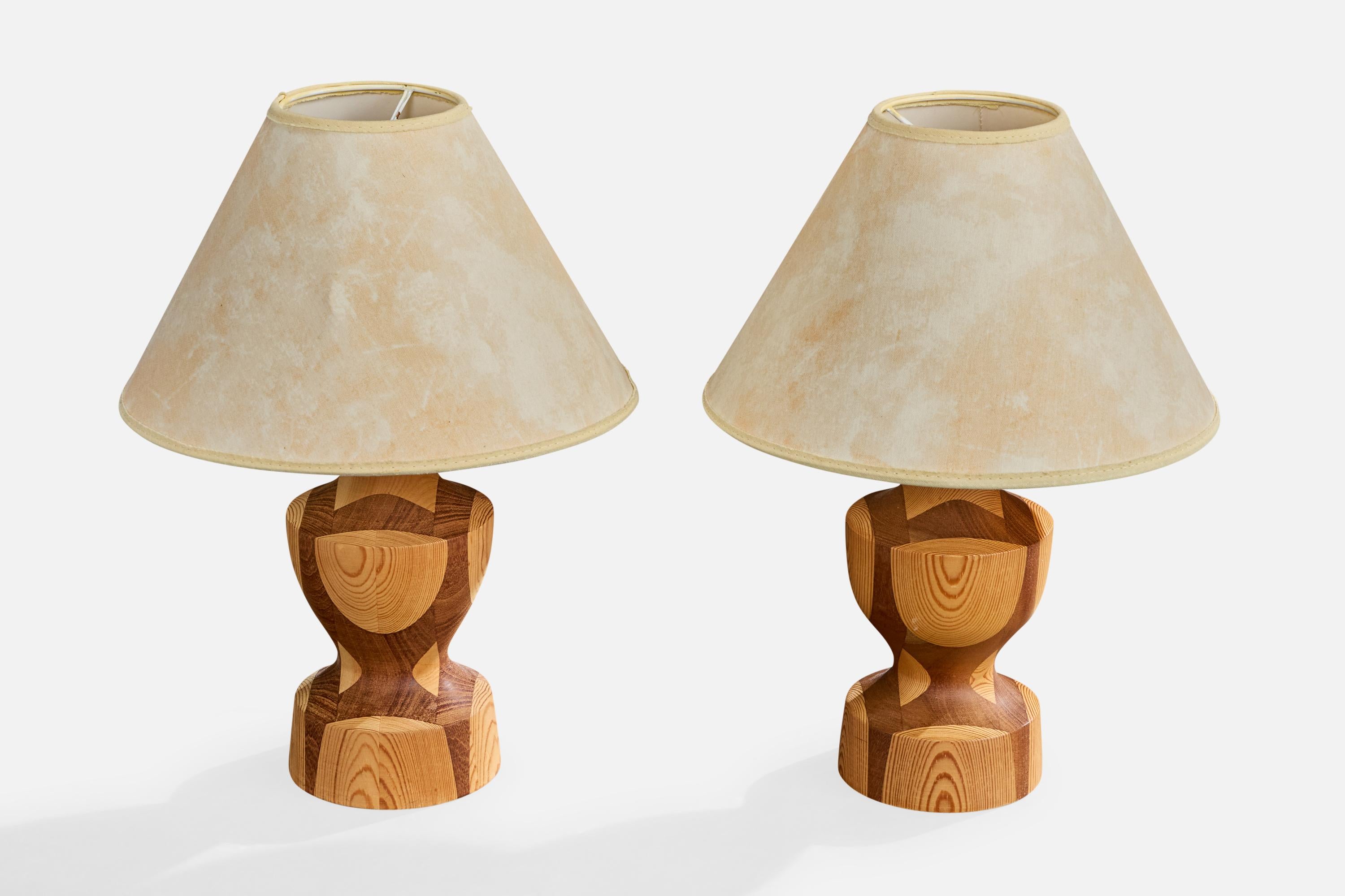 Mid-Century Modern Swedish Designer, Table Lamps, Pine, Teak, Parchment, Sweden, 1970s For Sale