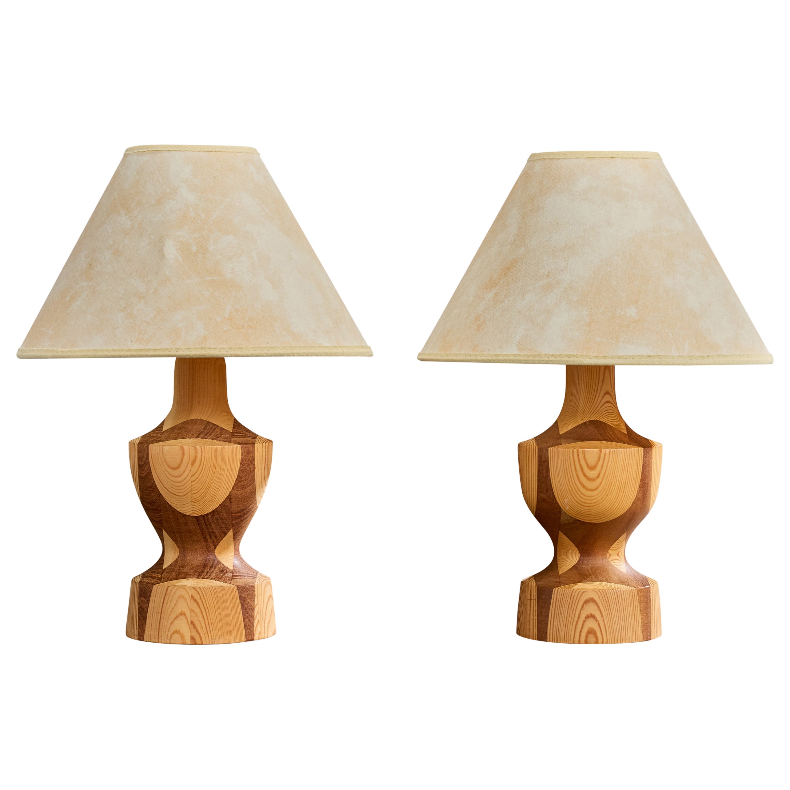 Swedish Designer, Table Lamps, Pine, Teak, Parchment, Sweden, 1970s For Sale