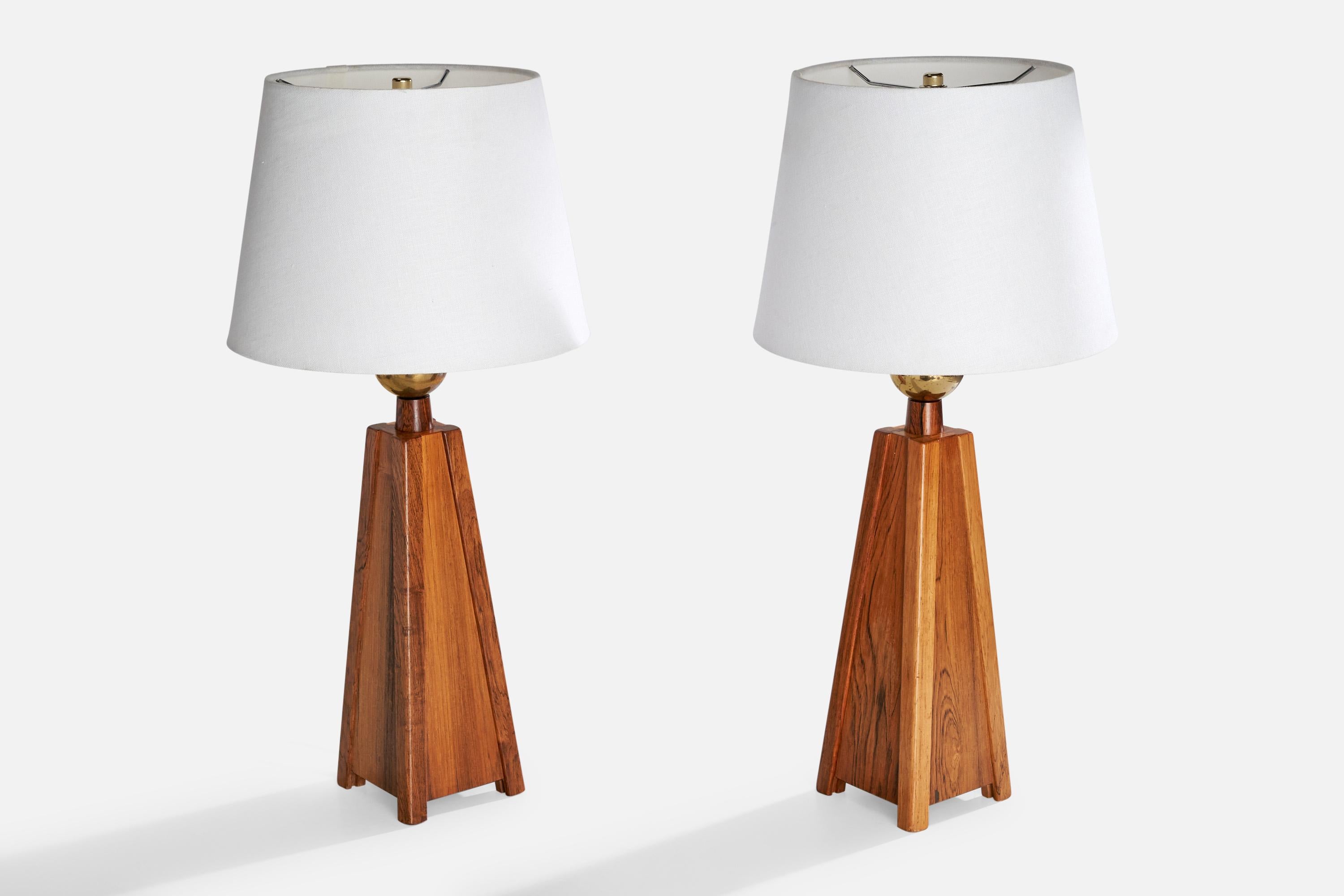 Scandinavian Modern Swedish Designer, Table Lamps, Rosewood, Brass, Sweden, 1950s For Sale