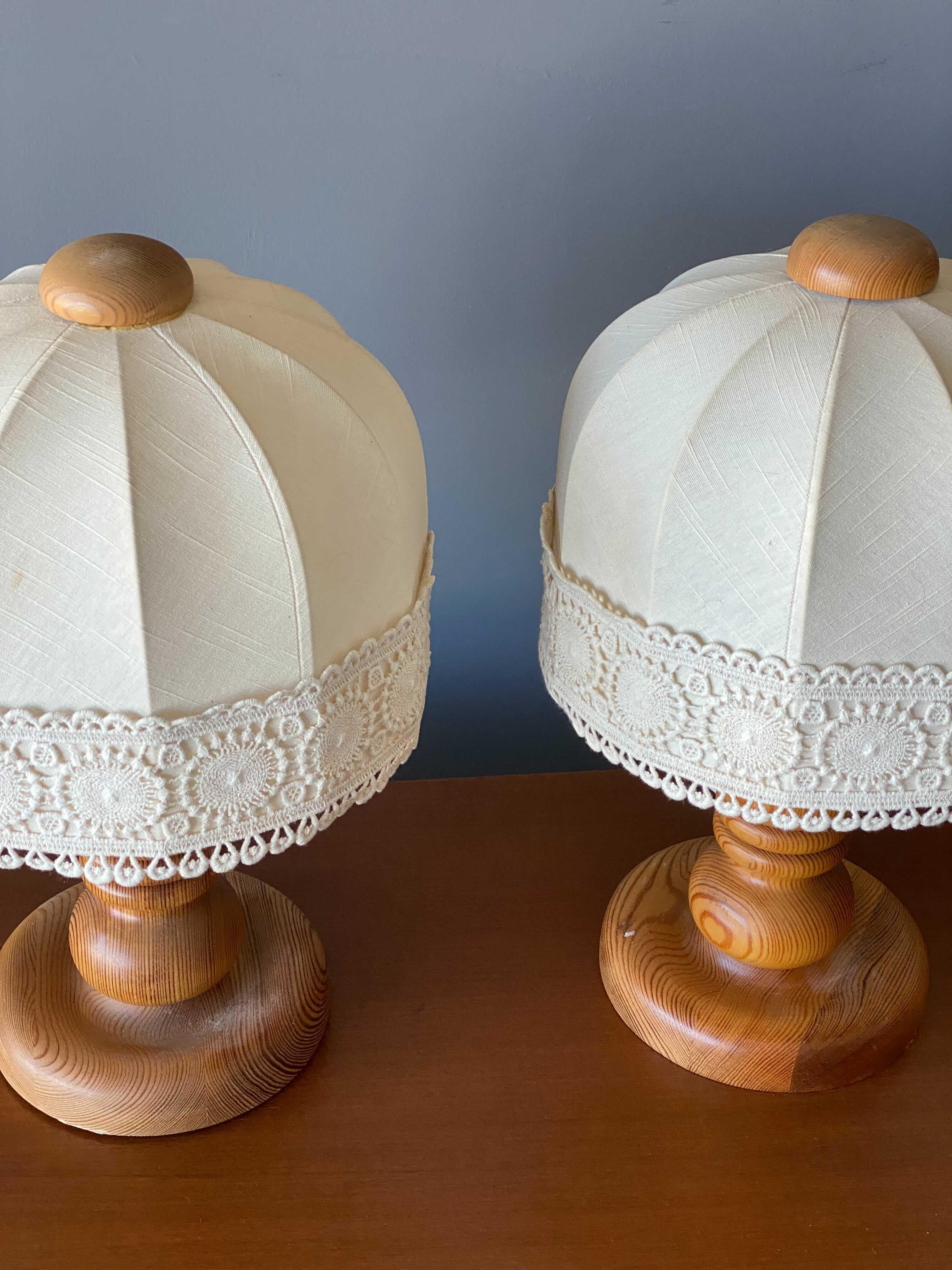 Swedish Designer, Table Lamps, Solid Turned Pine, Fabric Sweden, 1970s In Fair Condition In High Point, NC