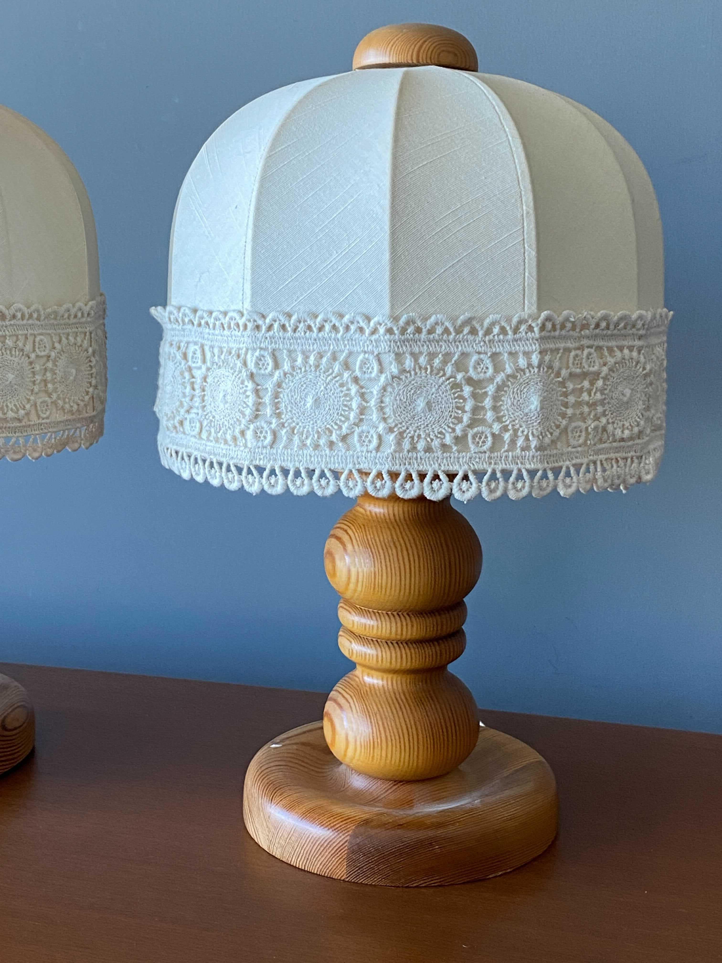 Late 20th Century Swedish Designer, Table Lamps, Solid Turned Pine, Fabric Sweden, 1970s