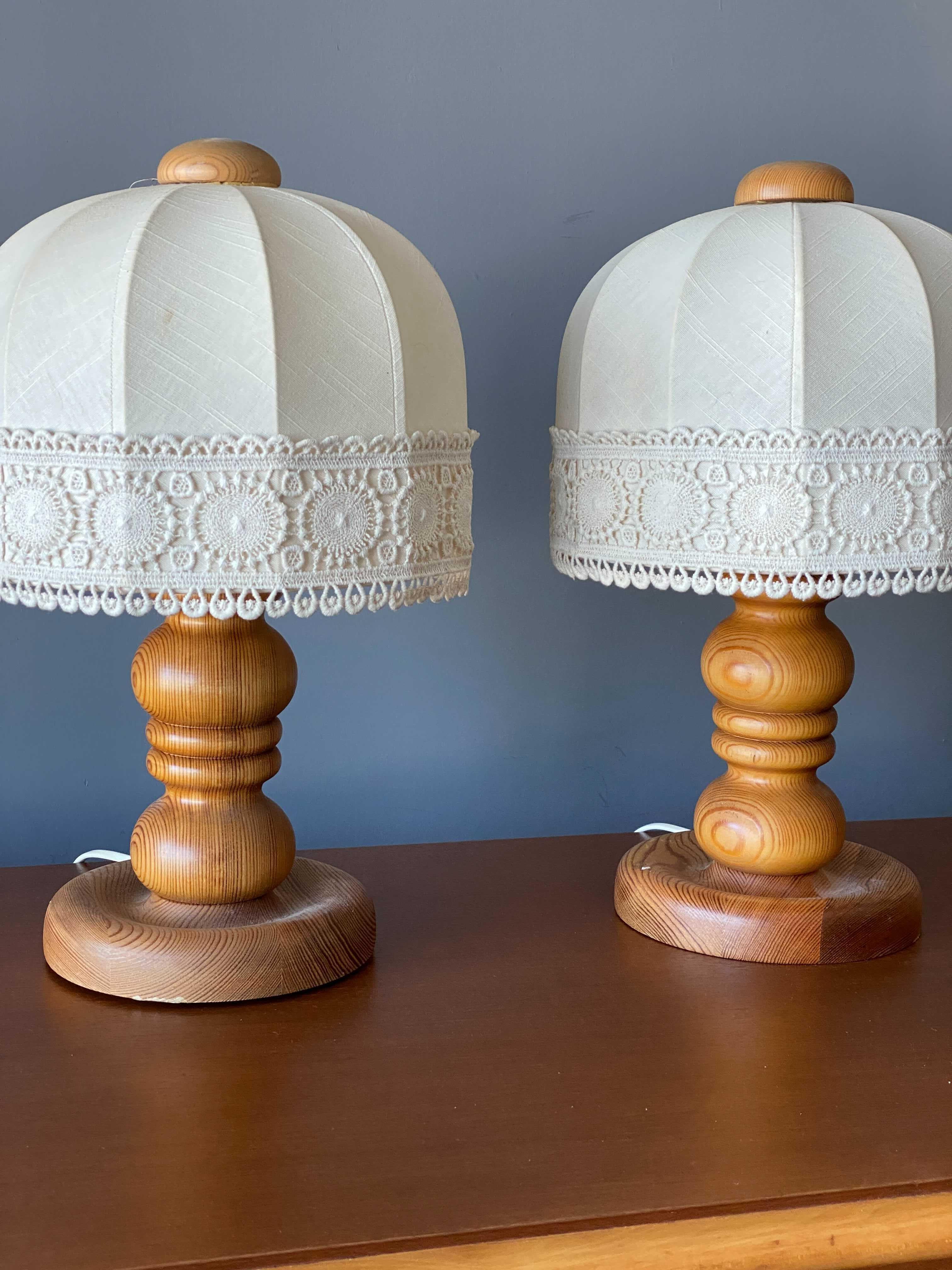 Swedish Designer, Table Lamps, Solid Turned Pine, Fabric Sweden, 1970s 1
