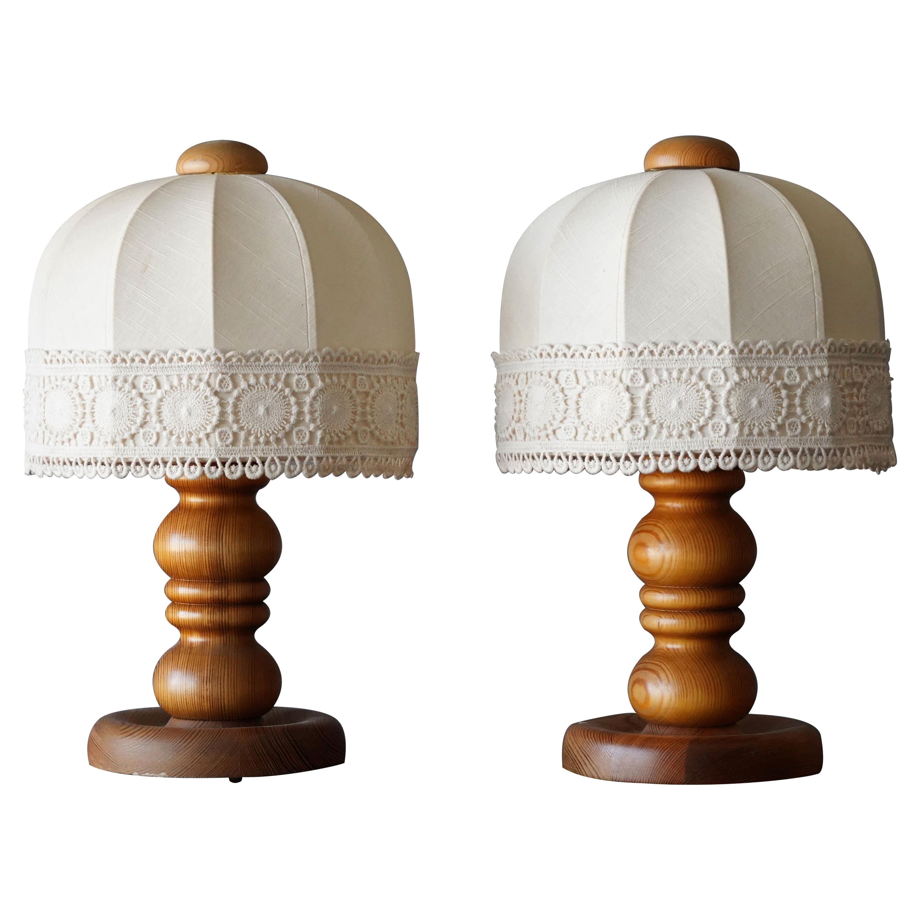 Swedish Designer, Table Lamps, Solid Turned Pine, Fabric Sweden, 1970s