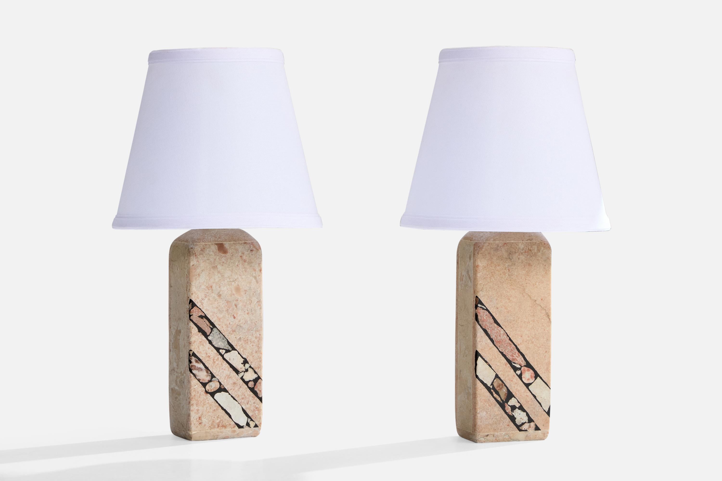 A pair of fossil stone table lamps designed and produced in Sweden, c. 1990s.

Dimensions of Lamp (inches): 10.5” H x 3.175” W x 2.325” D

Dimension of Shade (inches): 5” TD x 8” BD x 7” H

Dimensions of Lamp with Shade (inches): 15.0