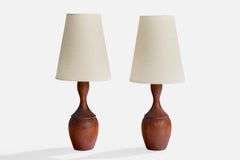 Swedish Designer, Table Lamps, Teak, Fabric, Sweden, 1950s