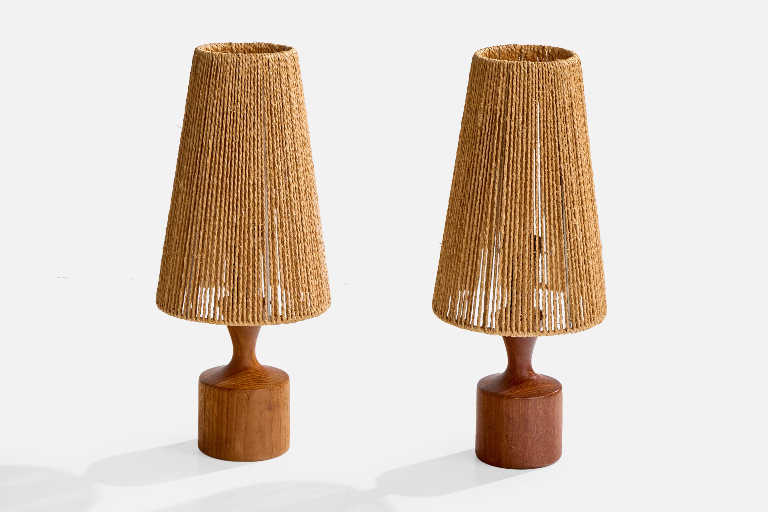 Mid-Century Modern Swedish Designer, Table Lamps, Teak, Jute, Sweden, 1960s For Sale