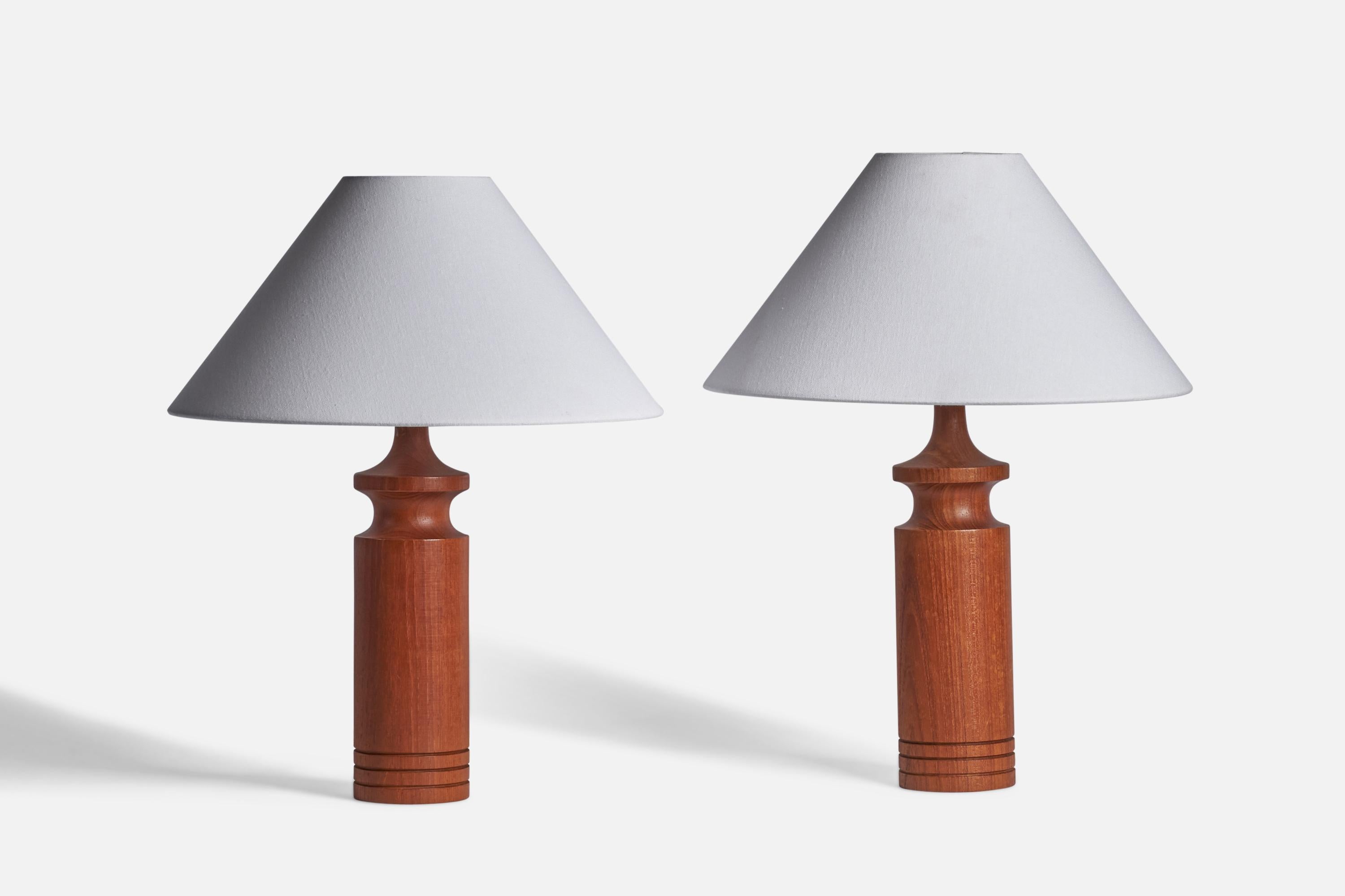 A pair of teak table lamps designed and produced in Sweden, 1950s.

Dimensions of Lamp (inches): 14.75” H x 3.75” Diameter
Dimensions of Shade (inches): 4.5” Top Diameter x 16” Bottom Diameter x 7.25” H
Dimensions of Lamp with Shade (inches): 21.25”
