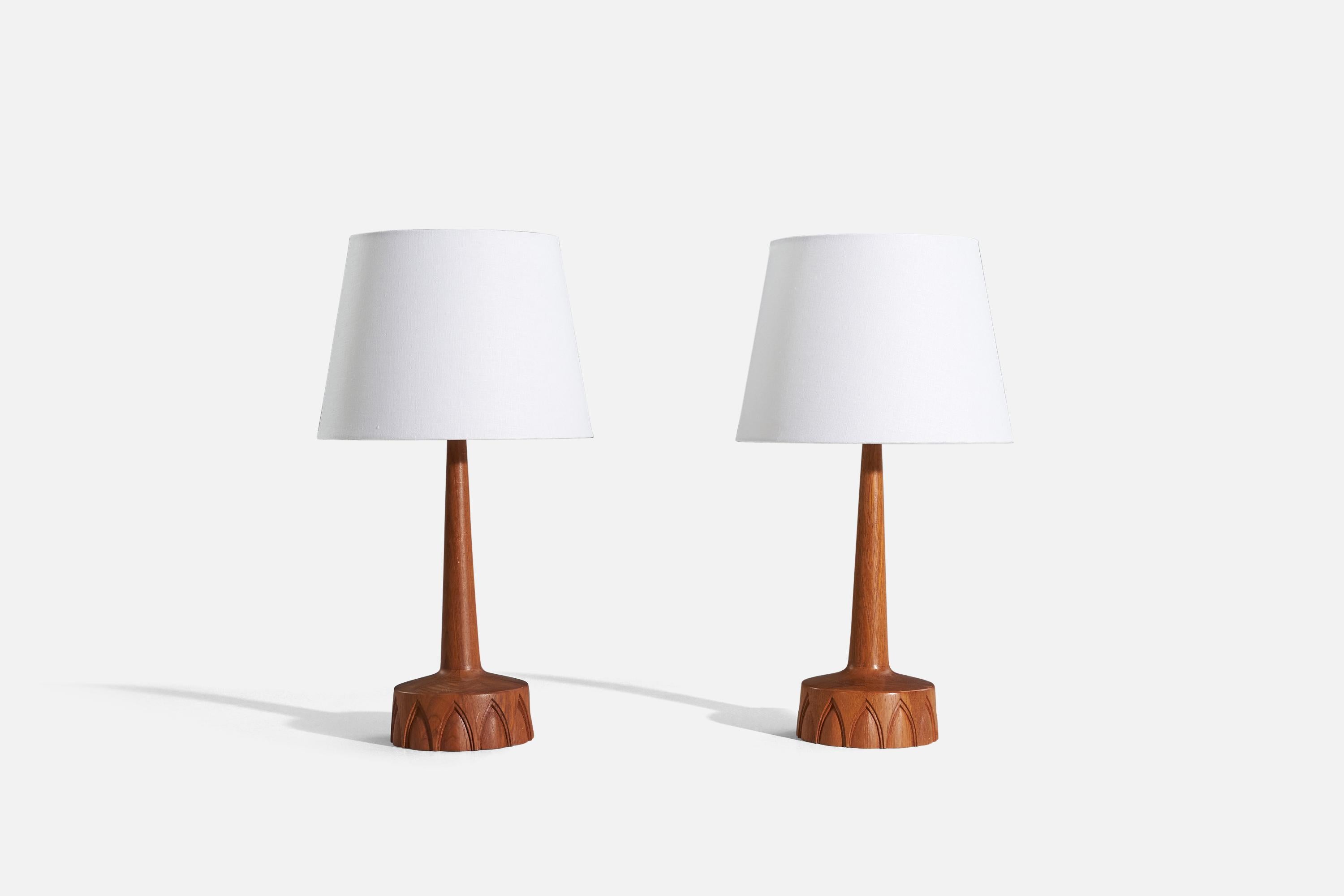 A pair of teak table lamps, designed and produced by a Swedish designer, Sweden, c. 1960s.

Sold without lampshade. 
Dimensions of Lamp (inches) : 17 x 6.25 x 6.25 (H x W x D)
Dimensions of Shade (inches) : 9 x 12 x 9 (T x B x H)
Dimension of