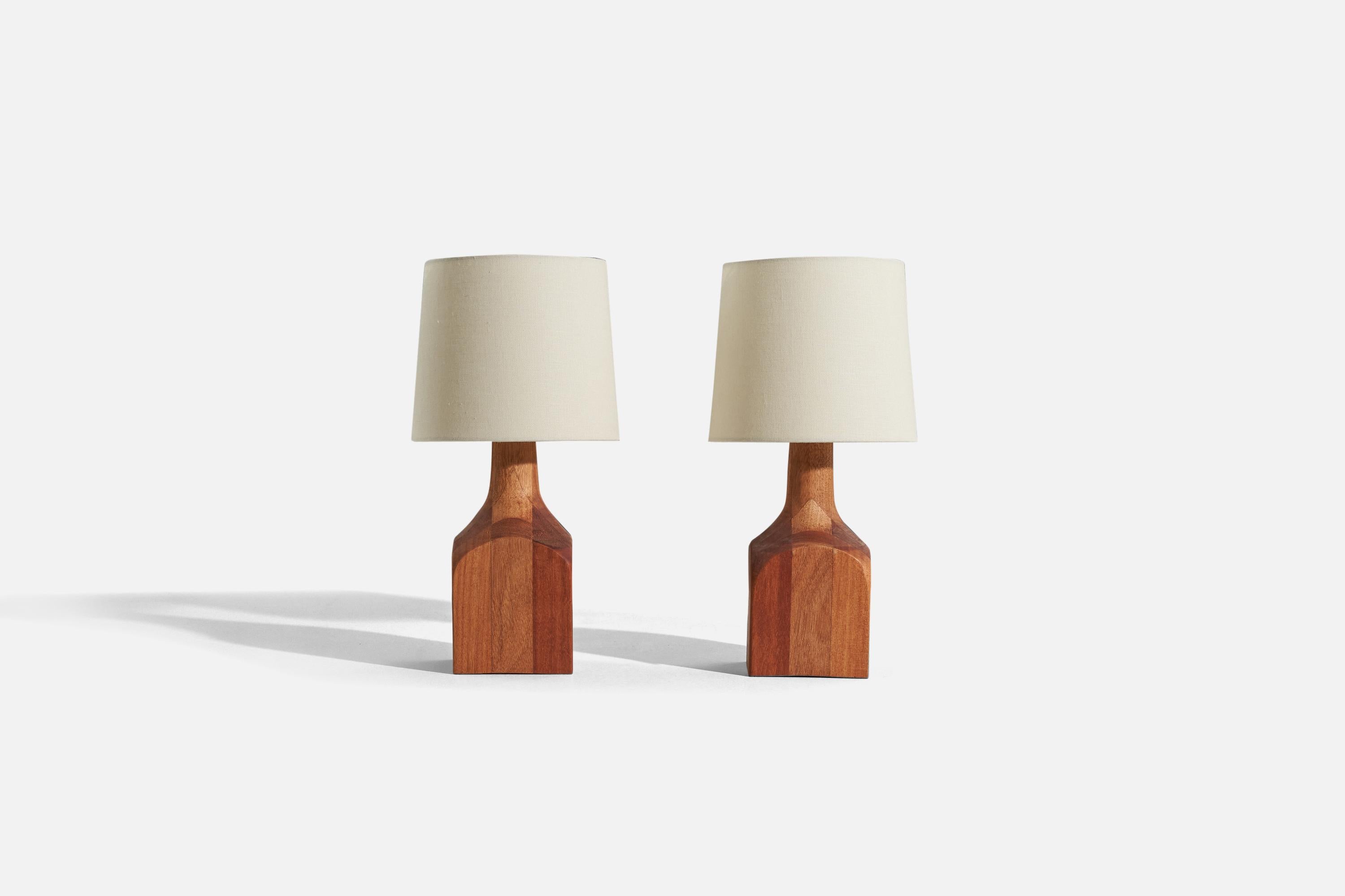 A pair of wooden table lamps, designed and produced by a Swedish designer, Sweden, c. 1970s.

Sold without lampshade. 
Dimensions of lamp (inches) : 11.75 x 4.125 x 4.125 (H x W x D)
Dimensions of shade (inches) : 7 x 8 x 7 (T x B x