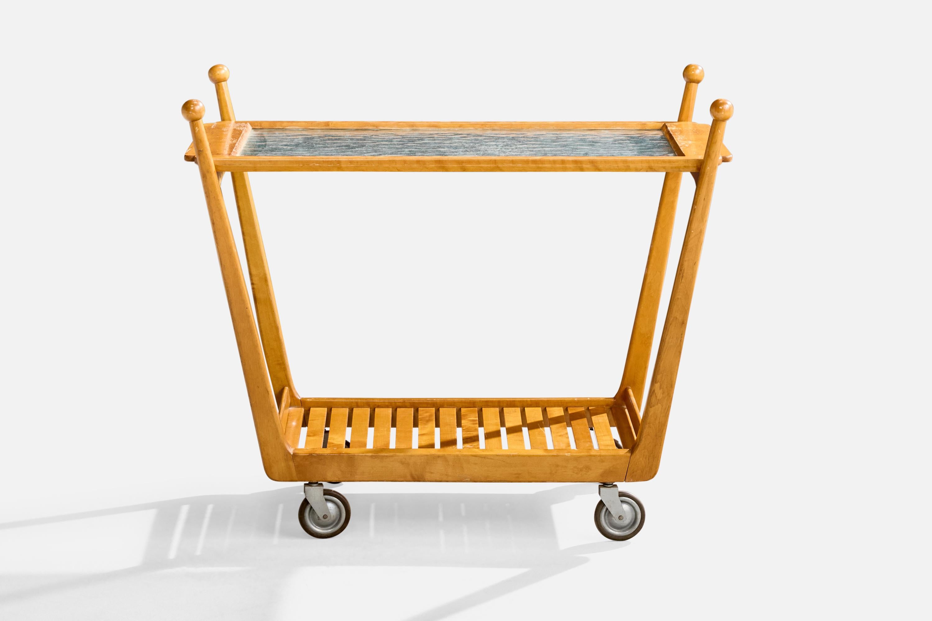 Diseñador sueco, carrito de té, abedul, cristal, metal, Suecia, años 40 Escandinavo moderno en venta