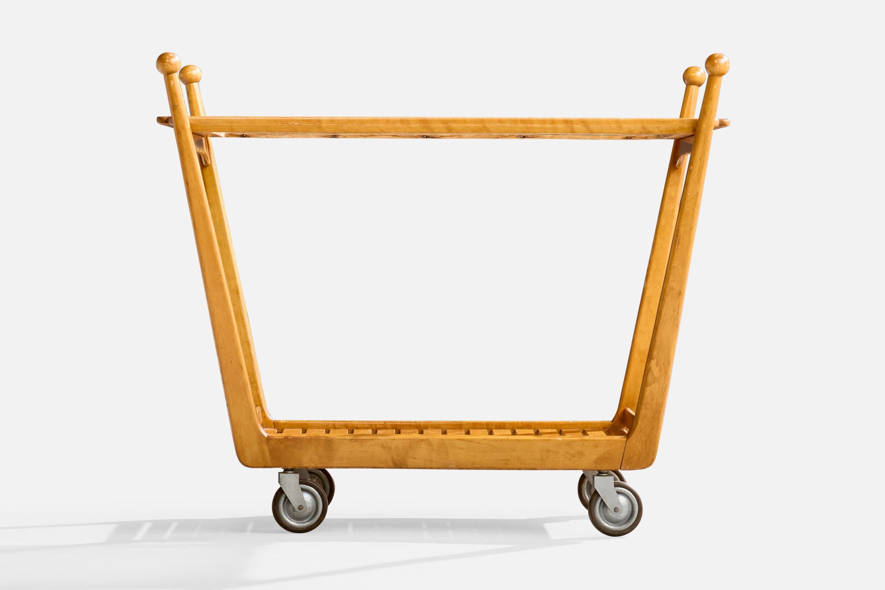 Diseñador sueco, carrito de té, abedul, cristal, metal, Suecia, años 40 Sueco en venta