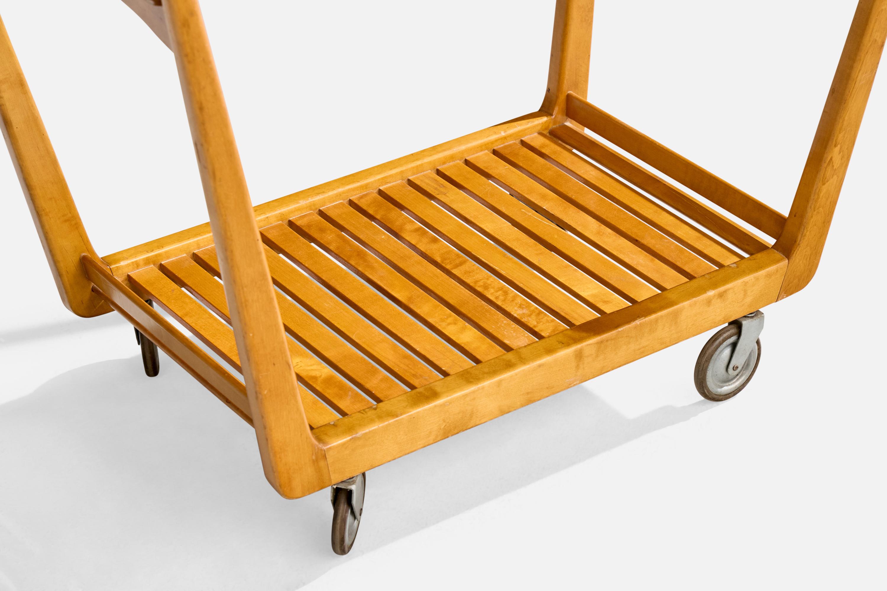 Diseñador sueco, carrito de té, abedul, cristal, metal, Suecia, años 40 en venta 1