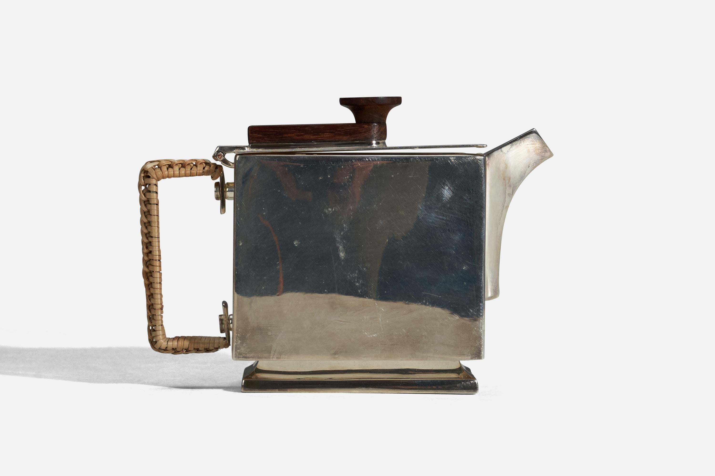 A silver plate, wood and rattan tea pot designed and produced in Sweden, 1940s.