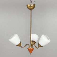 Swedish Designer Teak and Brass Three-Arm Chandelier with Opaline Glass, 1950s