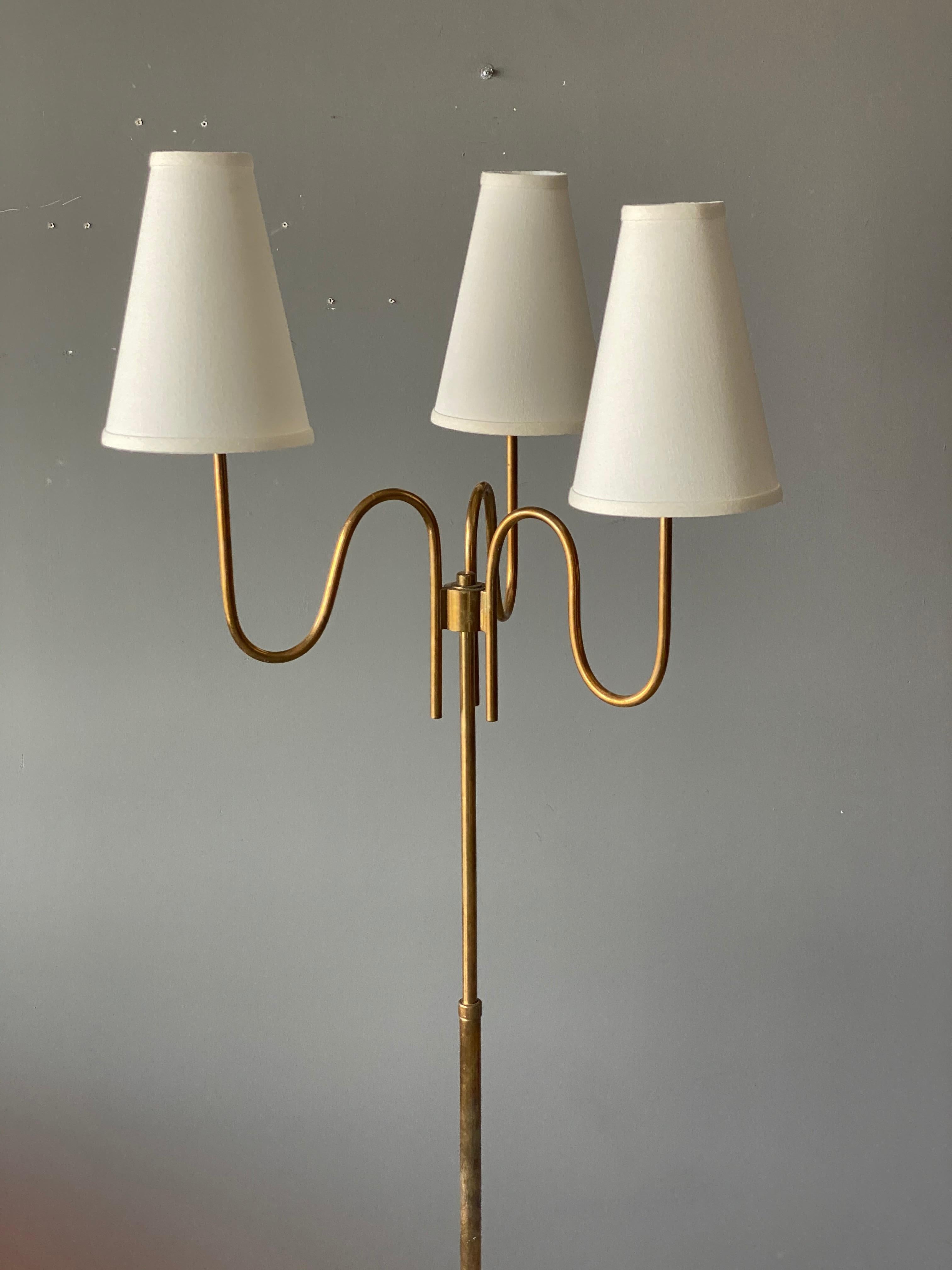 Organic Modern Swedish Designer, Three-Armed Modernist Floor Lamp, Brass, Fabric Sweden, 1940s