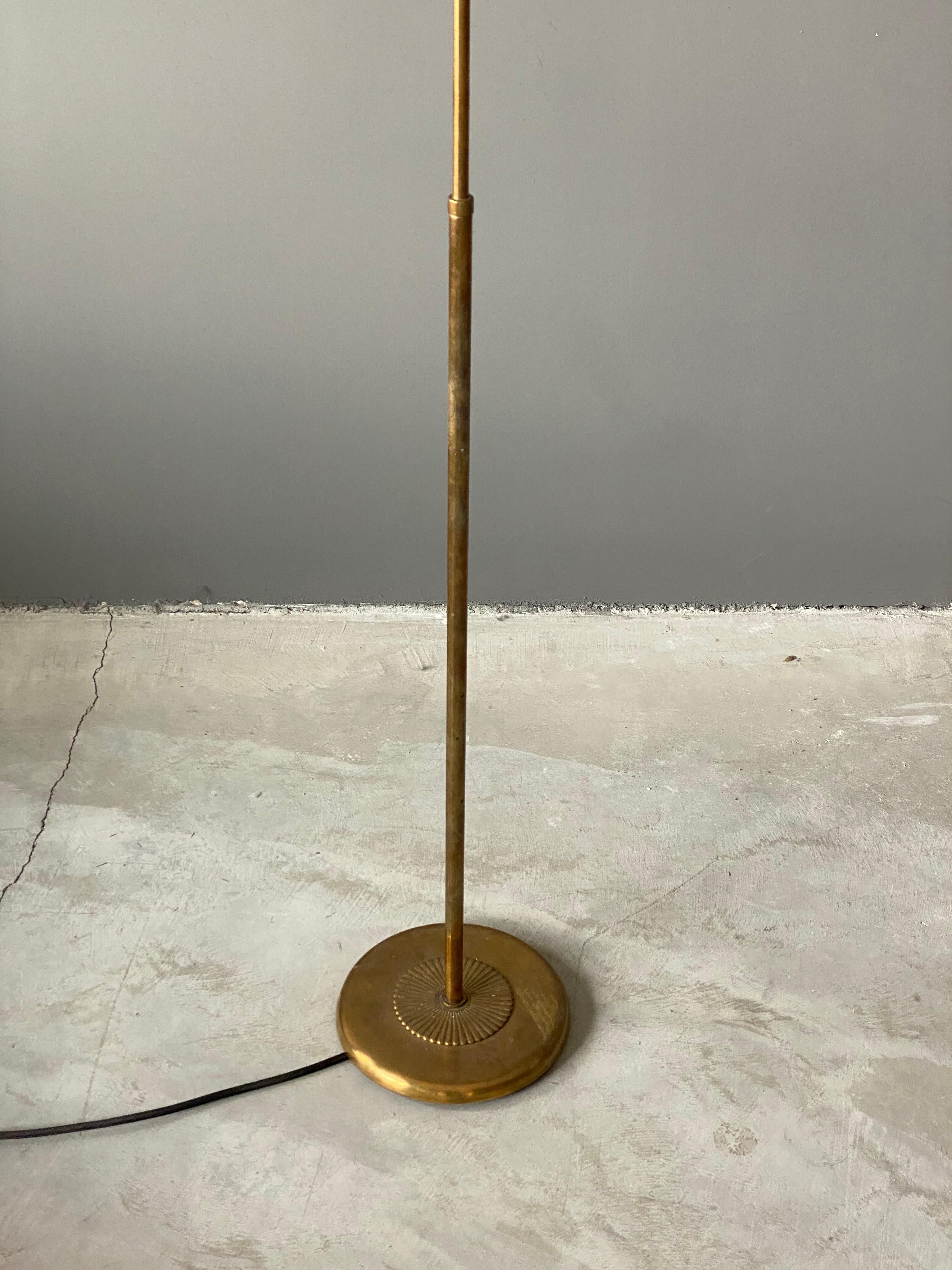 Swedish Designer, Three-Armed Modernist Floor Lamp, Brass, Fabric Sweden, 1940s In Good Condition In High Point, NC