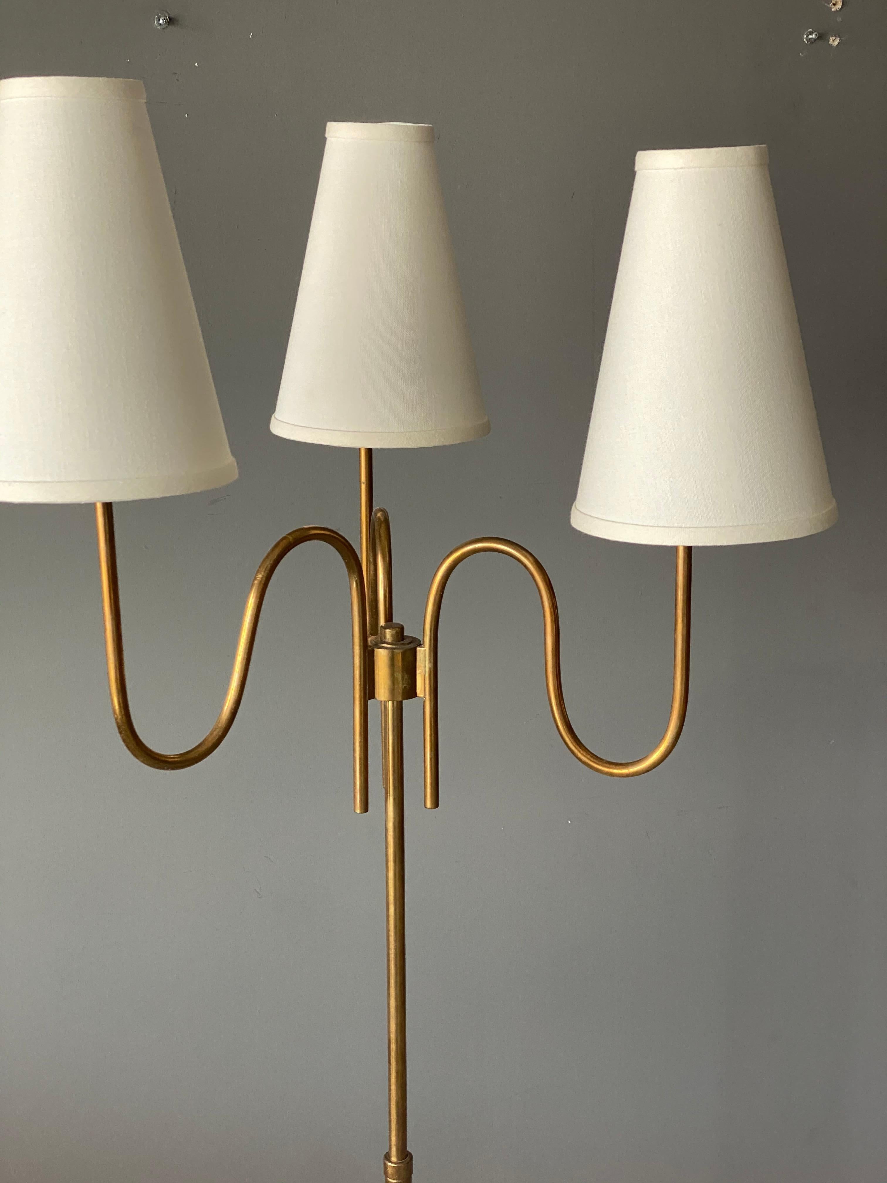 Mid-20th Century Swedish Designer, Three-Armed Modernist Floor Lamp, Brass, Fabric Sweden, 1940s