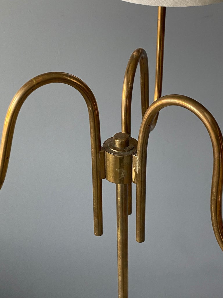 Swedish Designer, Three-Armed Modernist Floor Lamp, Brass, Fabric Sweden, 1940s 1