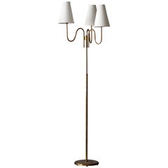 Swedish Designer, Three-Armed Modernist Floor Lamp, Brass, Fabric Sweden, 1940s