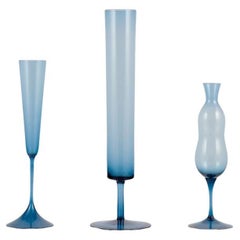 Swedish designer, three slim vases in art glass. Appprox. 1970s