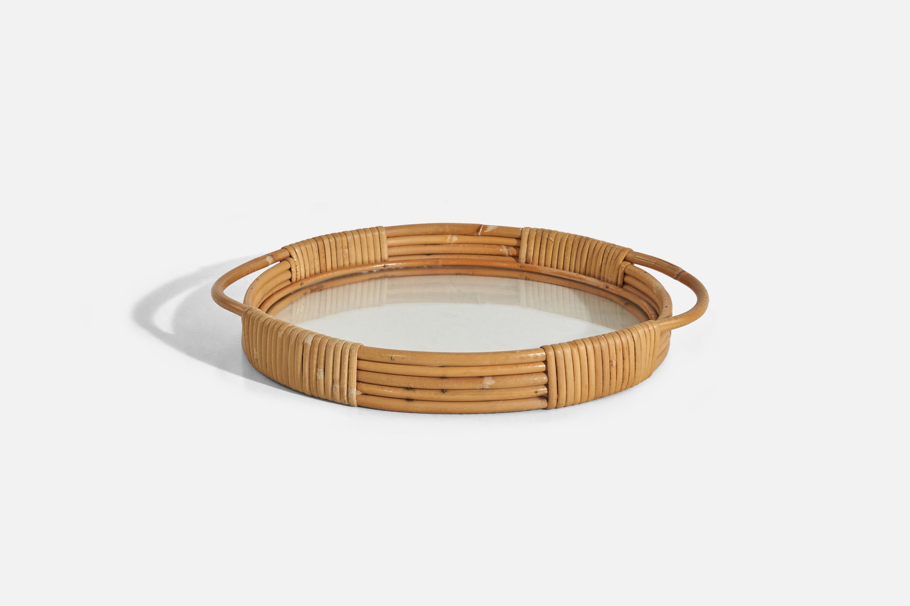 A bamboo, rattan and glass tray designed and produced in Sweden, 1960s. 