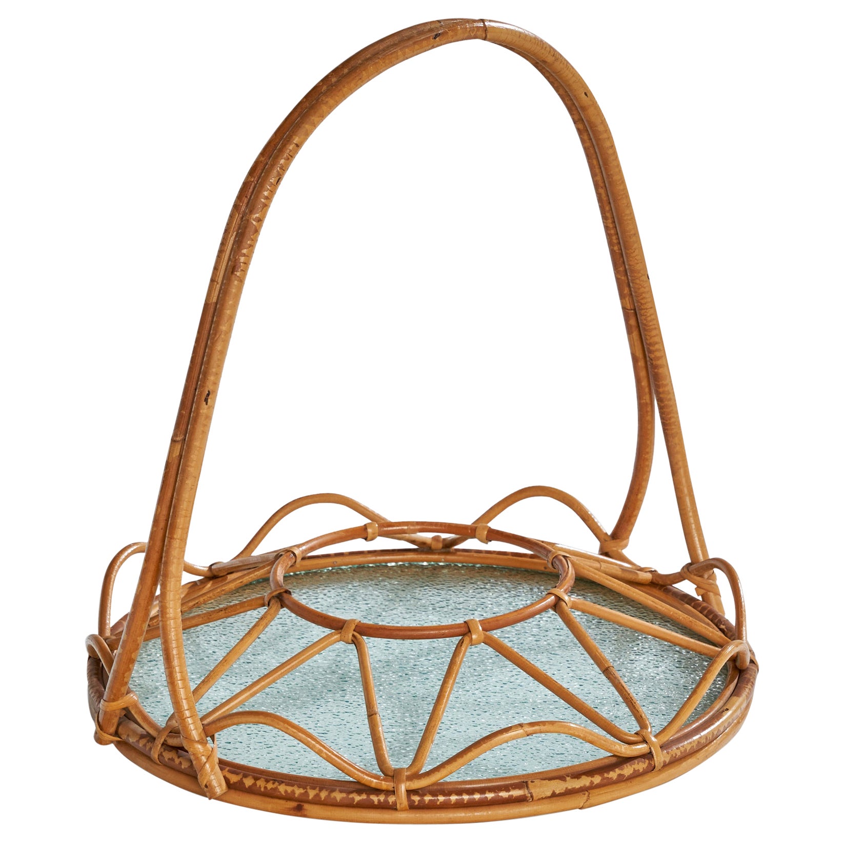 Schwedischer Designer, Tablett, Bambus, Rattan, Glas, Schweden, 1960er Jahre