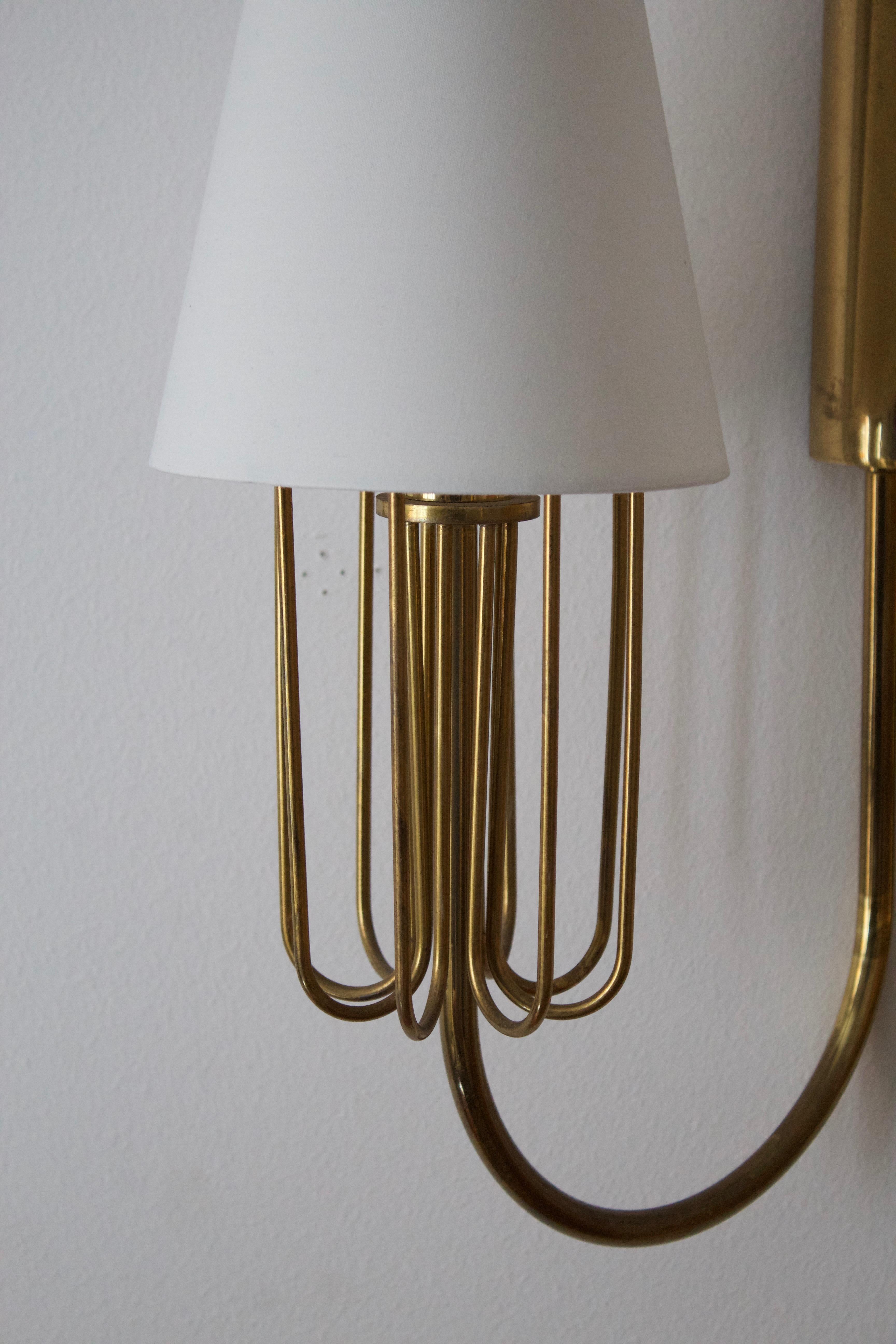 Mid-Century Modern Swedish Designer, Two-Arm Wall Light / Sconce, Brass, Fabric, Sweden, c. 1950s
