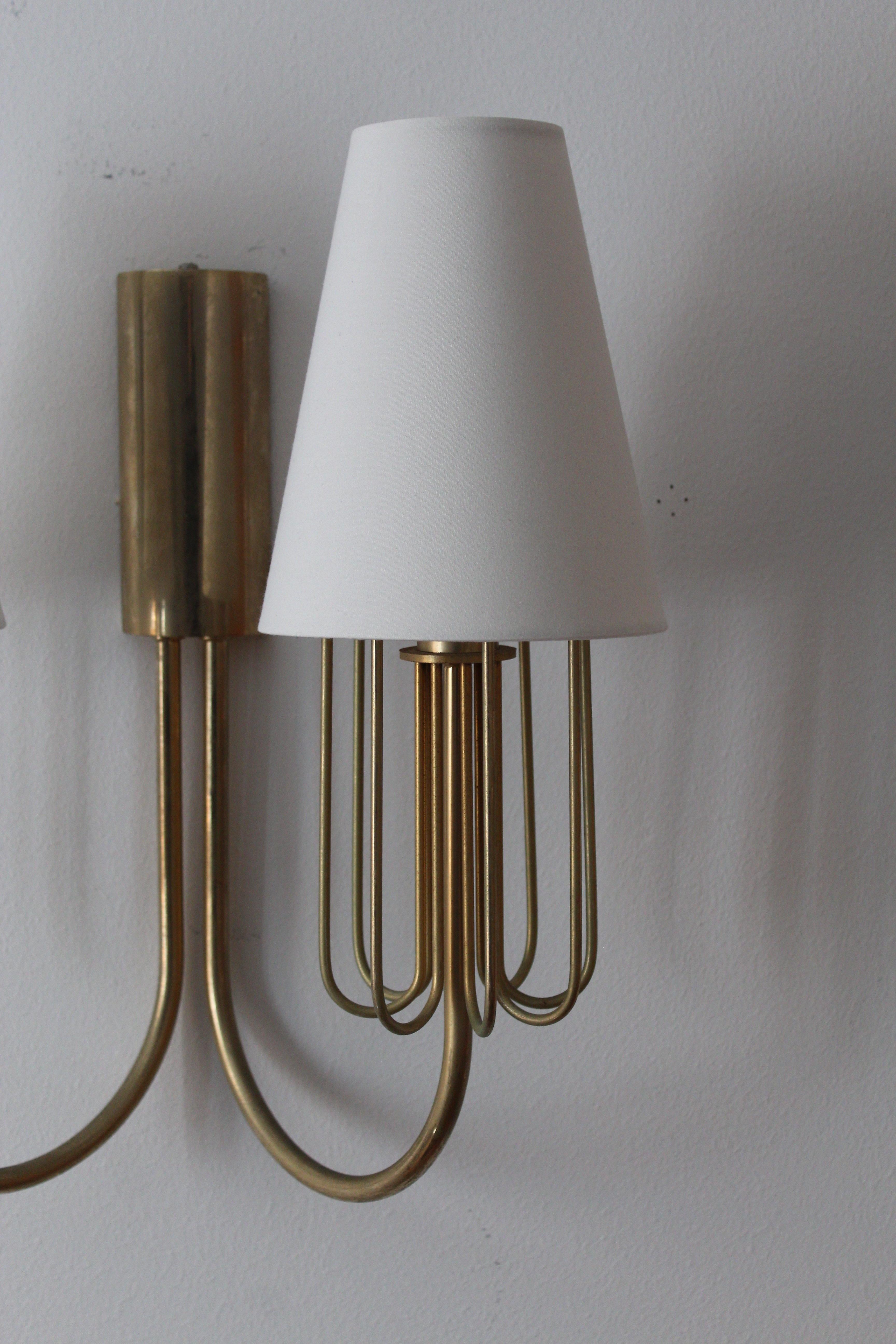 Mid-Century Modern Swedish Designer, Two-Arm Wall Light / Sconce, Brass, Fabric, Sweden, C. 1950s