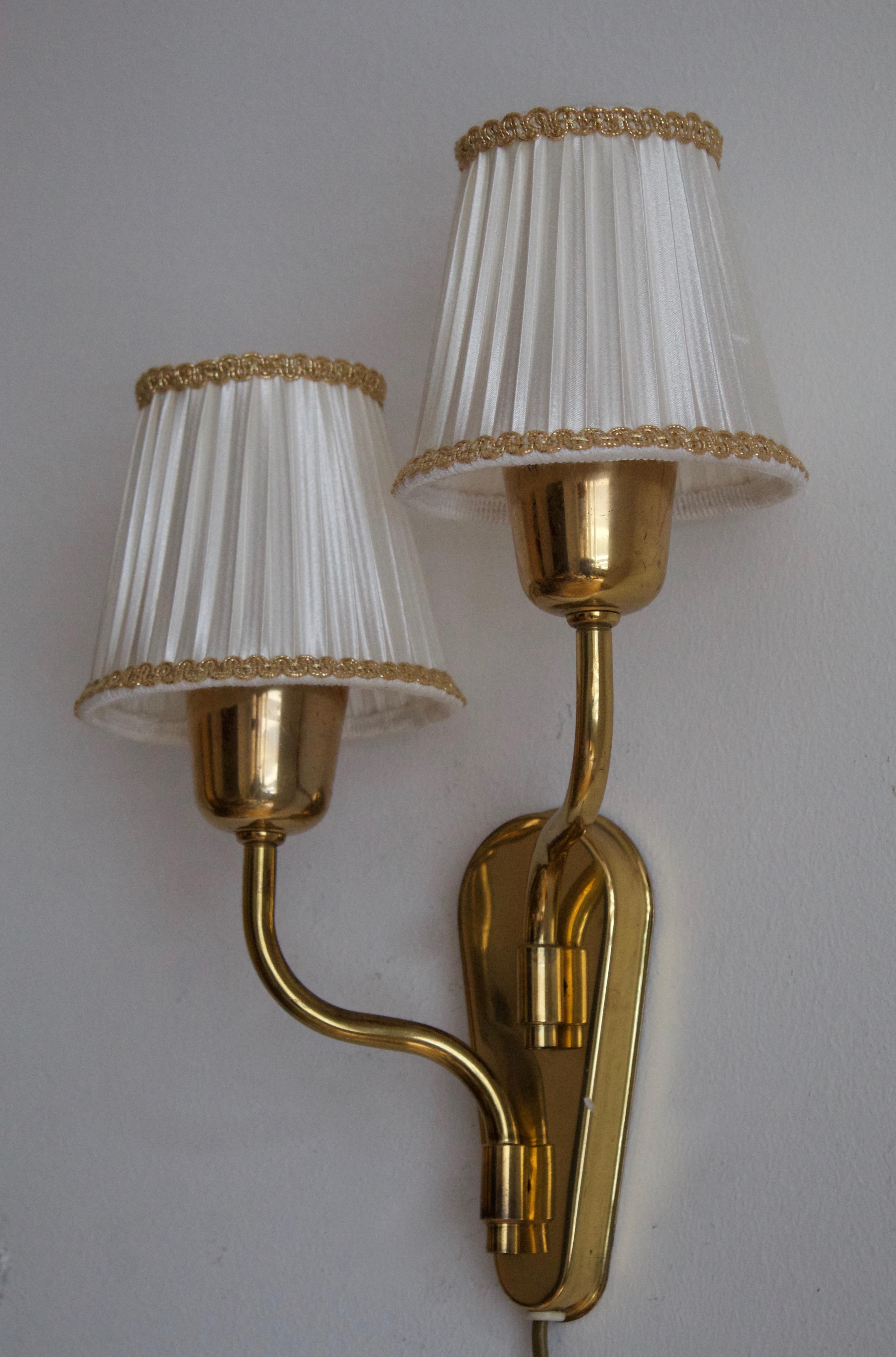 Mid-Century Modern Swedish Designer, Two-Arm Wall Light / Sconce, Brass, Fabric, Sweden, C. 1950s