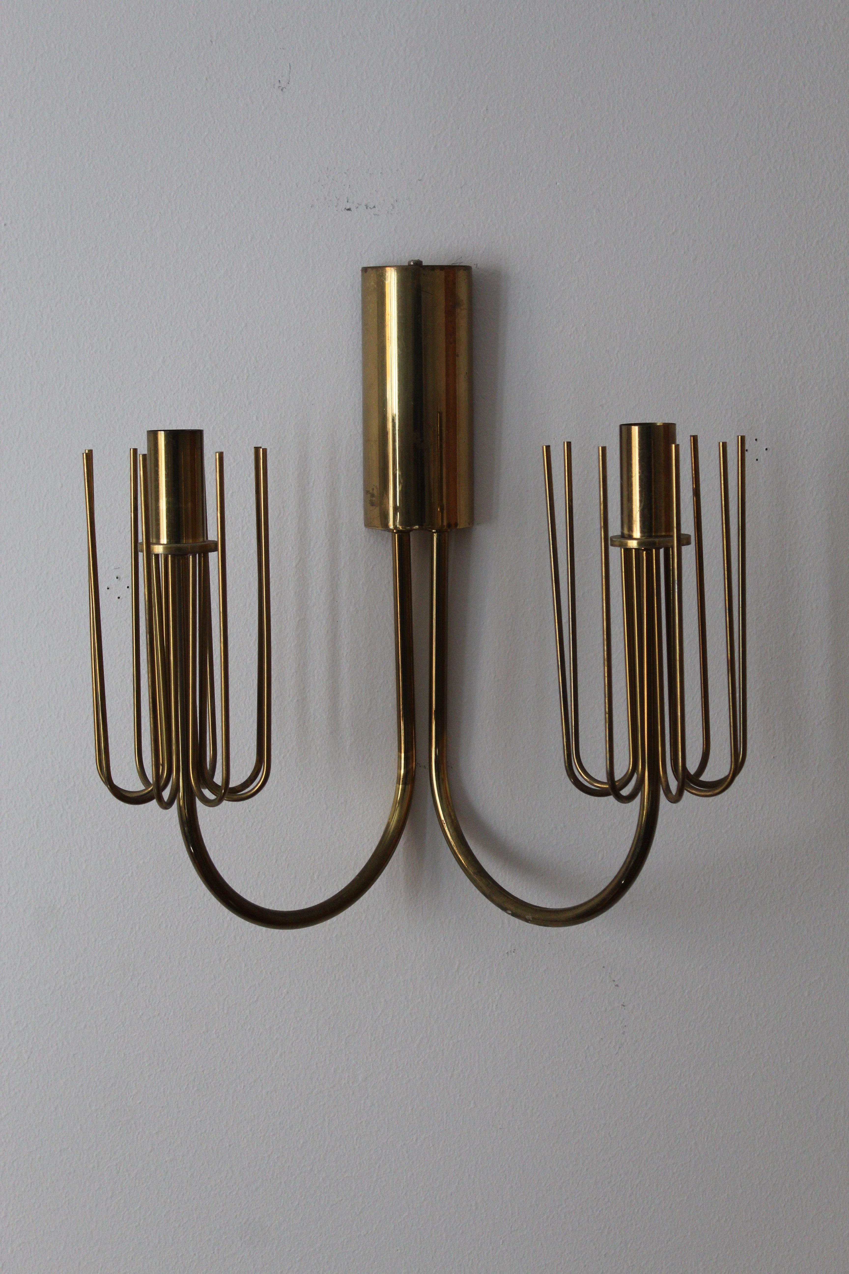 Swedish Designer, Two-Arm Wall Light / Sconce, Brass, Fabric, Sweden, c. 1950s In Good Condition In High Point, NC