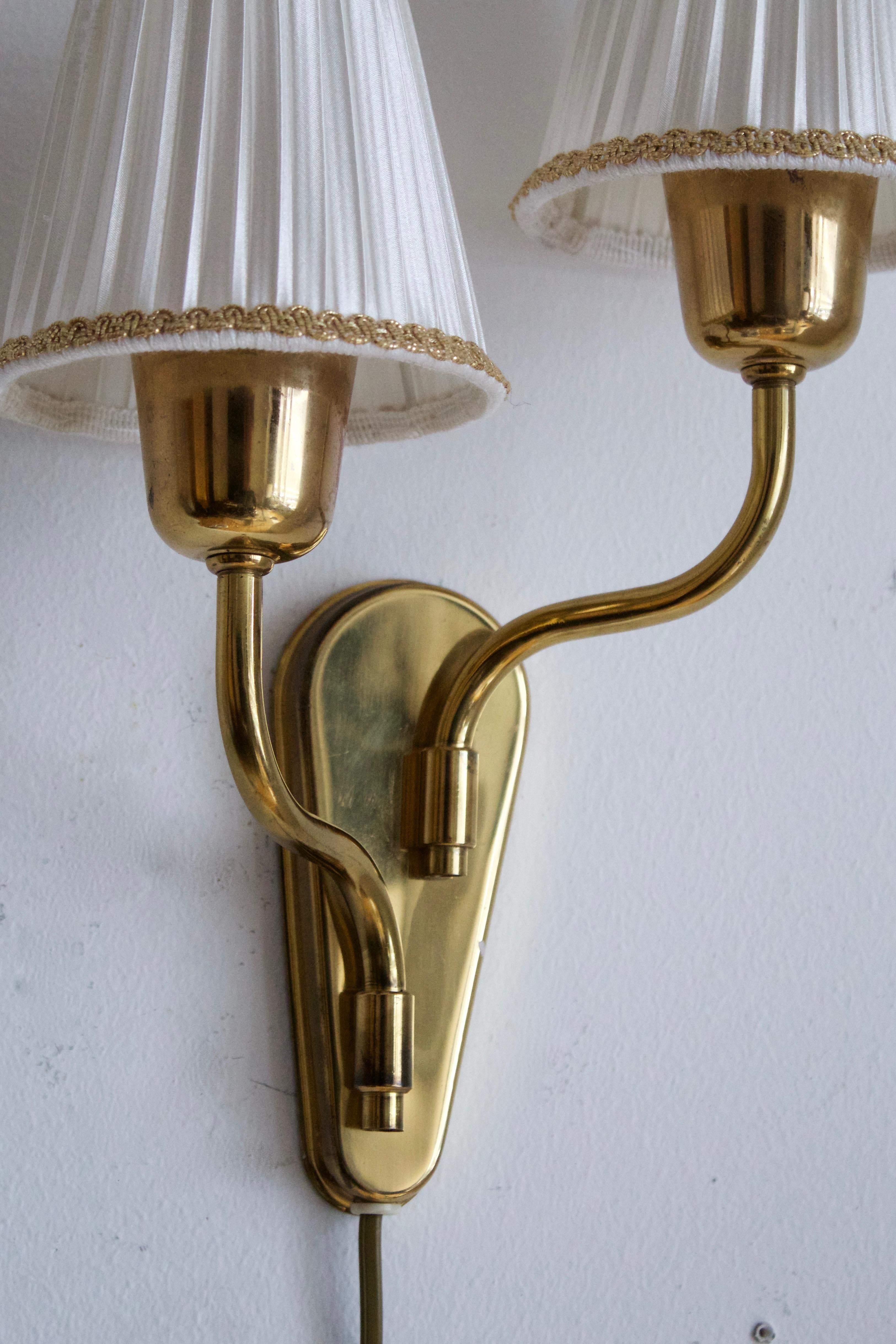 Swedish Designer, Two-Arm Wall Light / Sconce, Brass, Fabric, Sweden, C. 1950s In Good Condition In High Point, NC