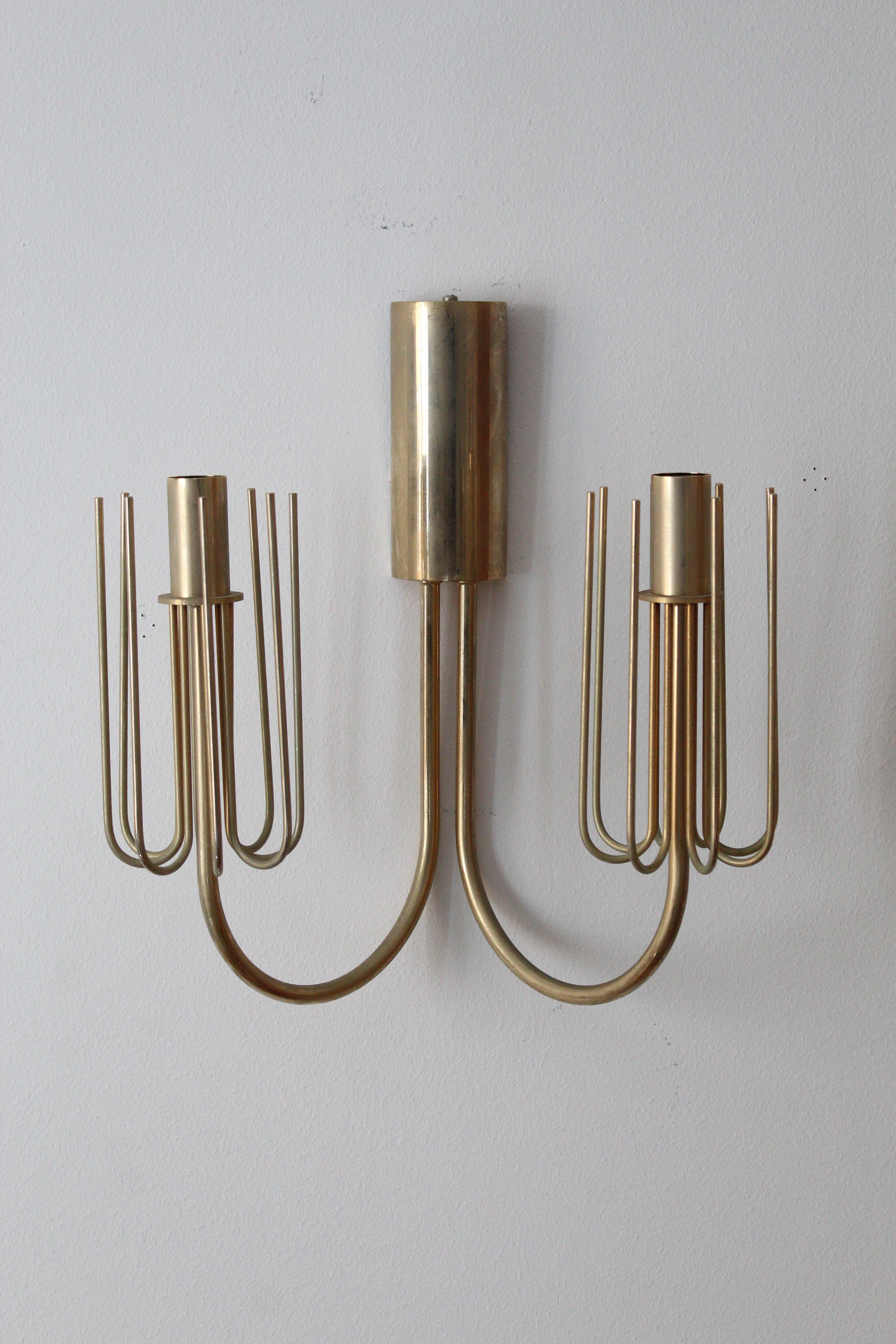 Mid-20th Century Swedish Designer, Two-Arm Wall Light / Sconce, Brass, Fabric, Sweden, C. 1950s