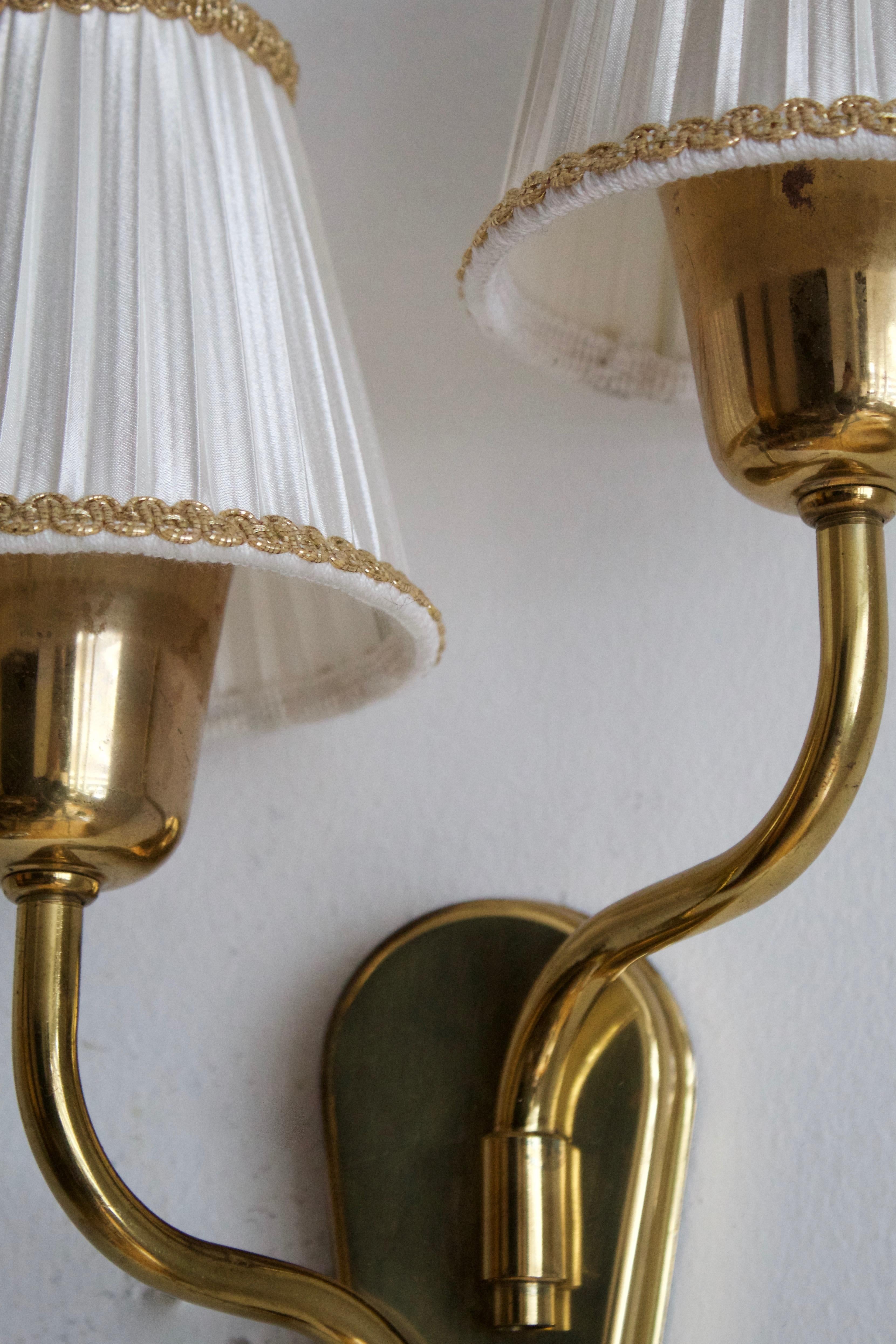 Mid-20th Century Swedish Designer, Two-Arm Wall Light / Sconce, Brass, Fabric, Sweden, C. 1950s