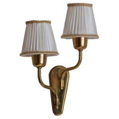 Swedish Designer, Two-Arm Wall Light / Sconce, Brass, Fabric, Sweden, C. 1950s