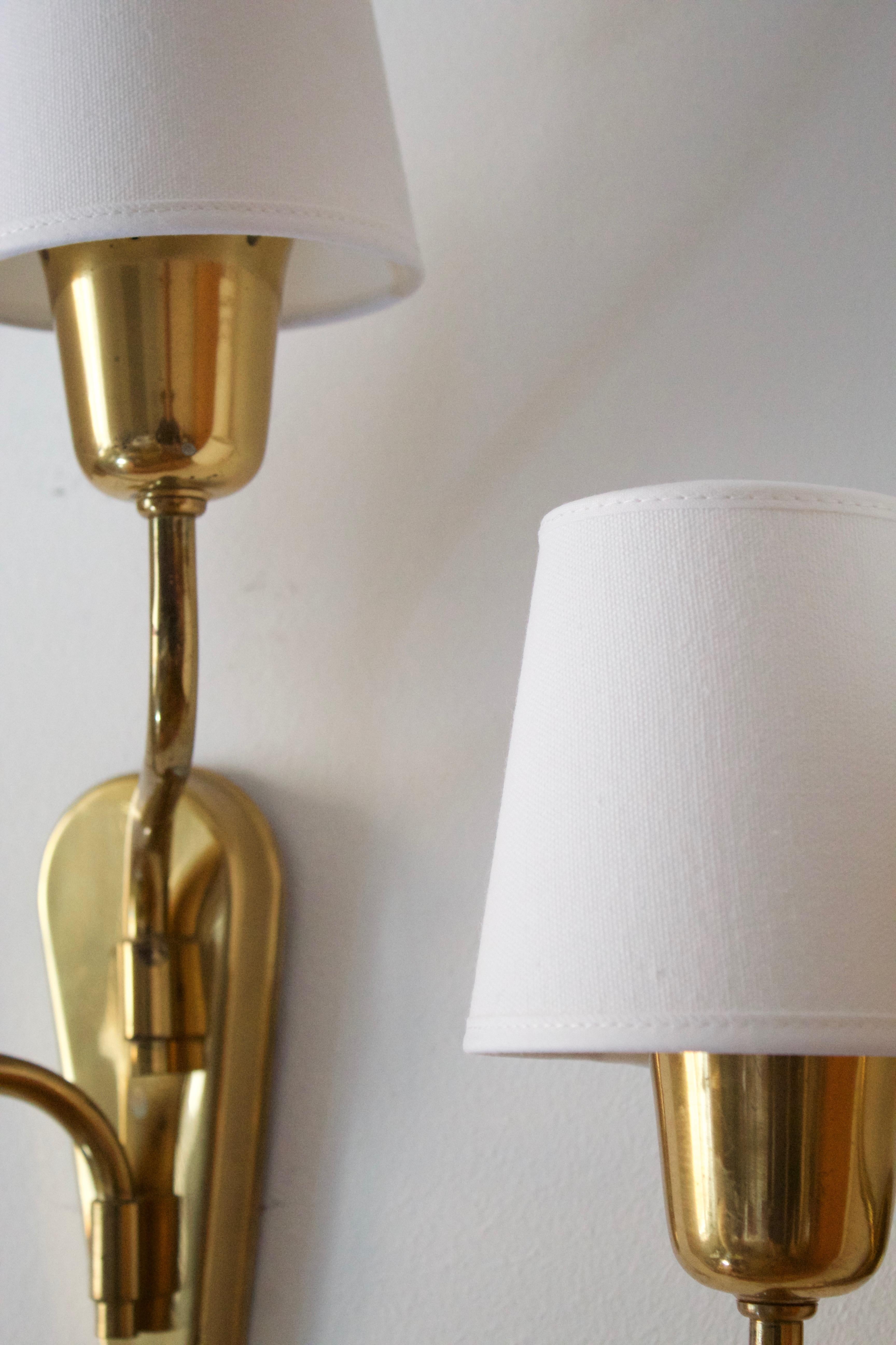 Swedish Designer, Two-Arm Wall Lights / Sconces Brass, Fabric, Sweden, C. 1950s In Good Condition In High Point, NC
